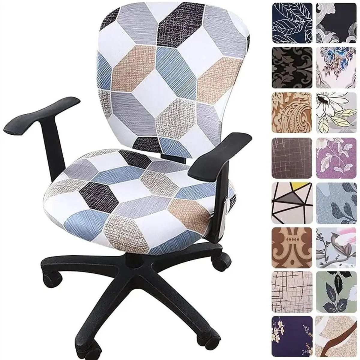 Melaluxe stretchable universal office chair cover on small chair, showing fitted fabric in various colors for a sleek office look