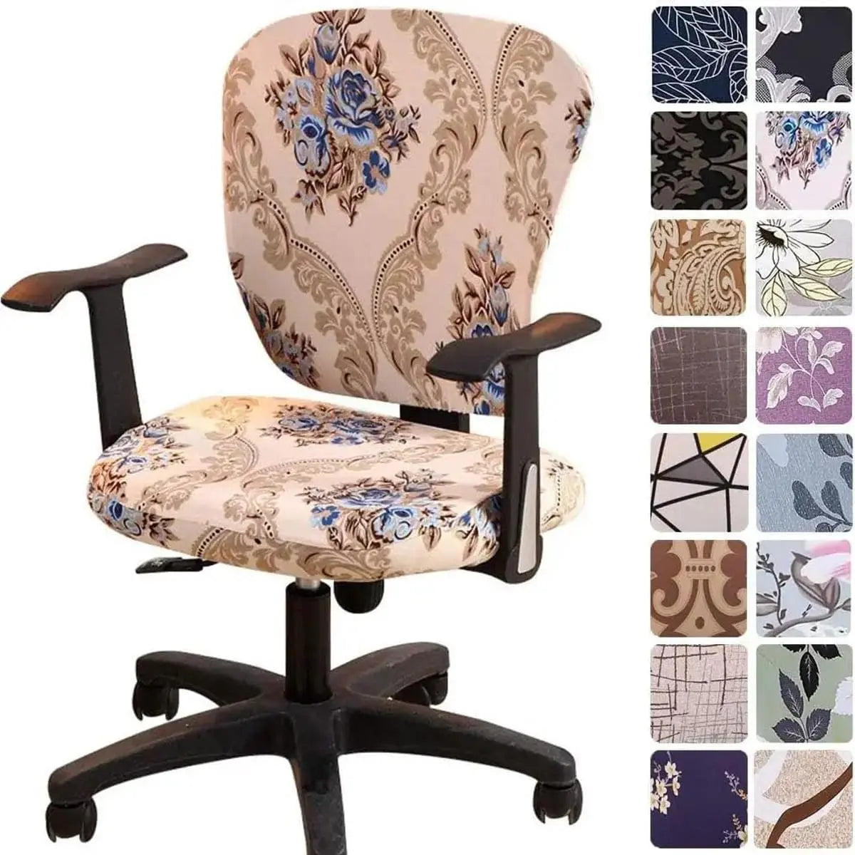 Melaluxe stretchable universal office chair cover on a small chair, showing a snug fit and vibrant color for small office chairs.