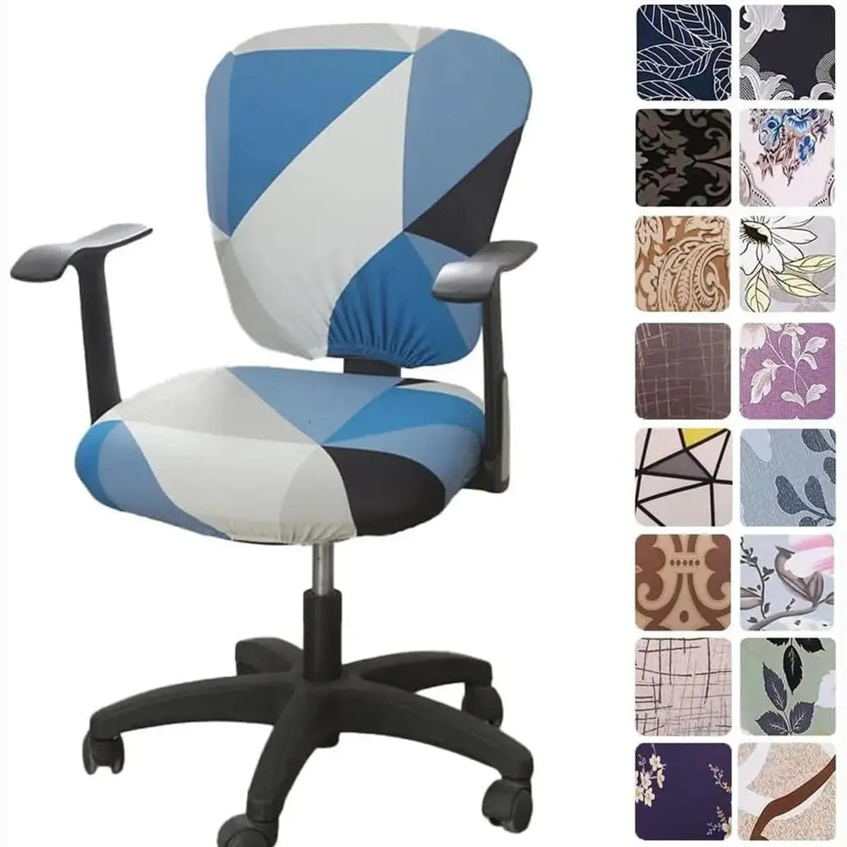 Melaluxe stretchable universal office chair cover for small chairs, shown in a soft fabric design on a compact office chair.
