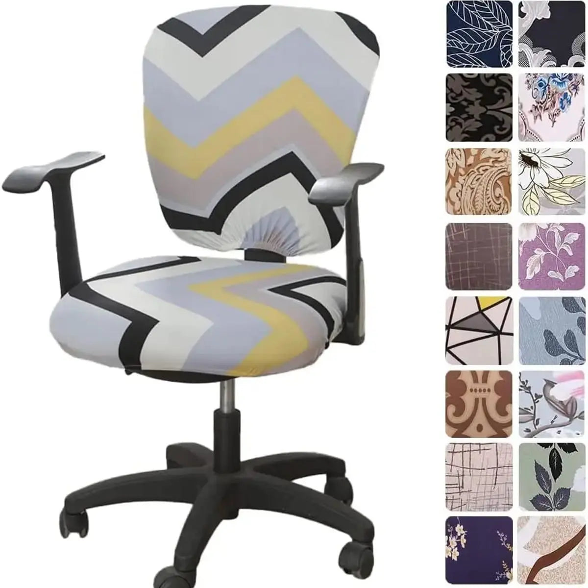 Melaluxe stretchable universal office chair cover for small chairs, featuring a colorful design and fitted fabric for a sleek look.