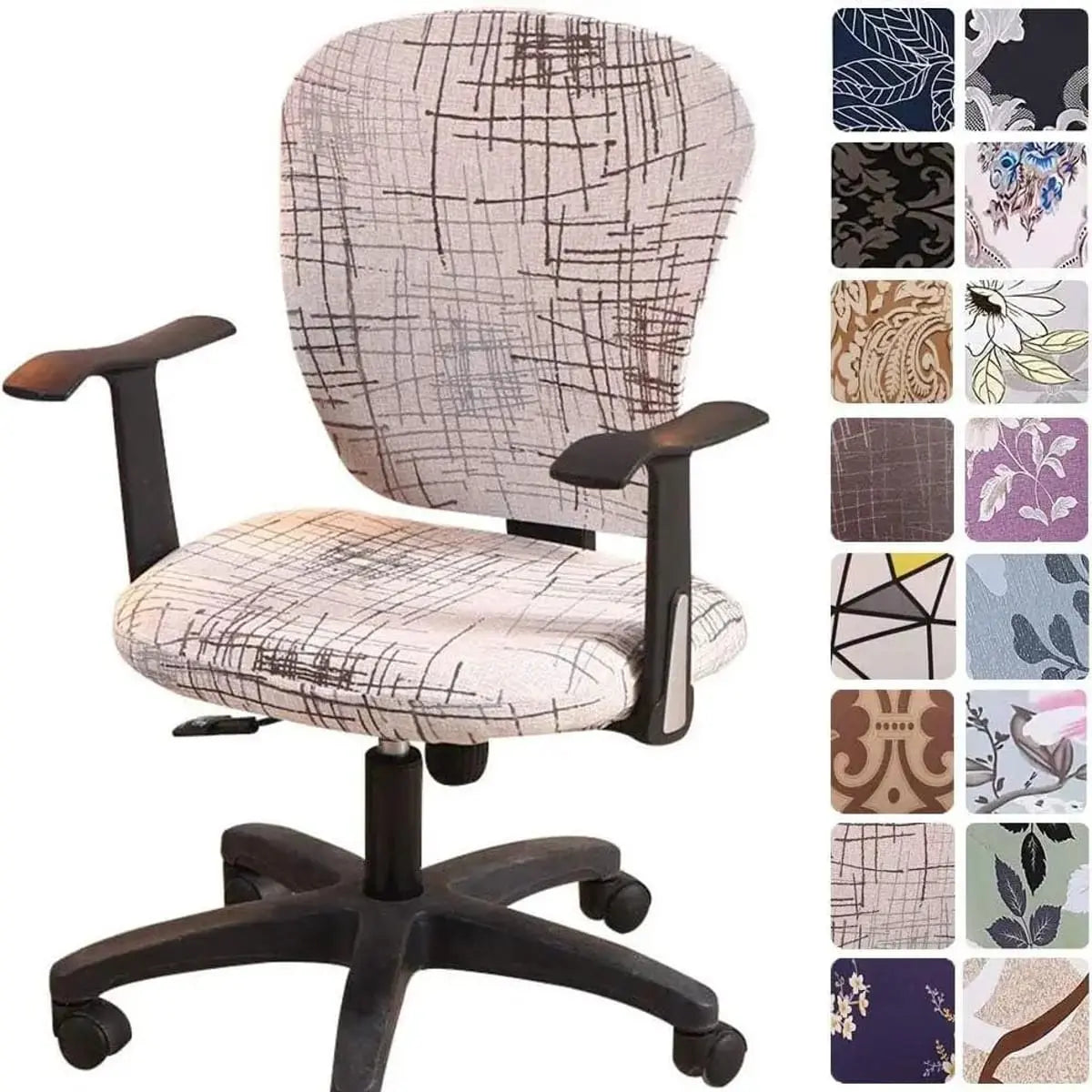 Melaluxe stretchable universal office chair cover in color 55 on a small office chair, showcasing snug fit and fabric texture.