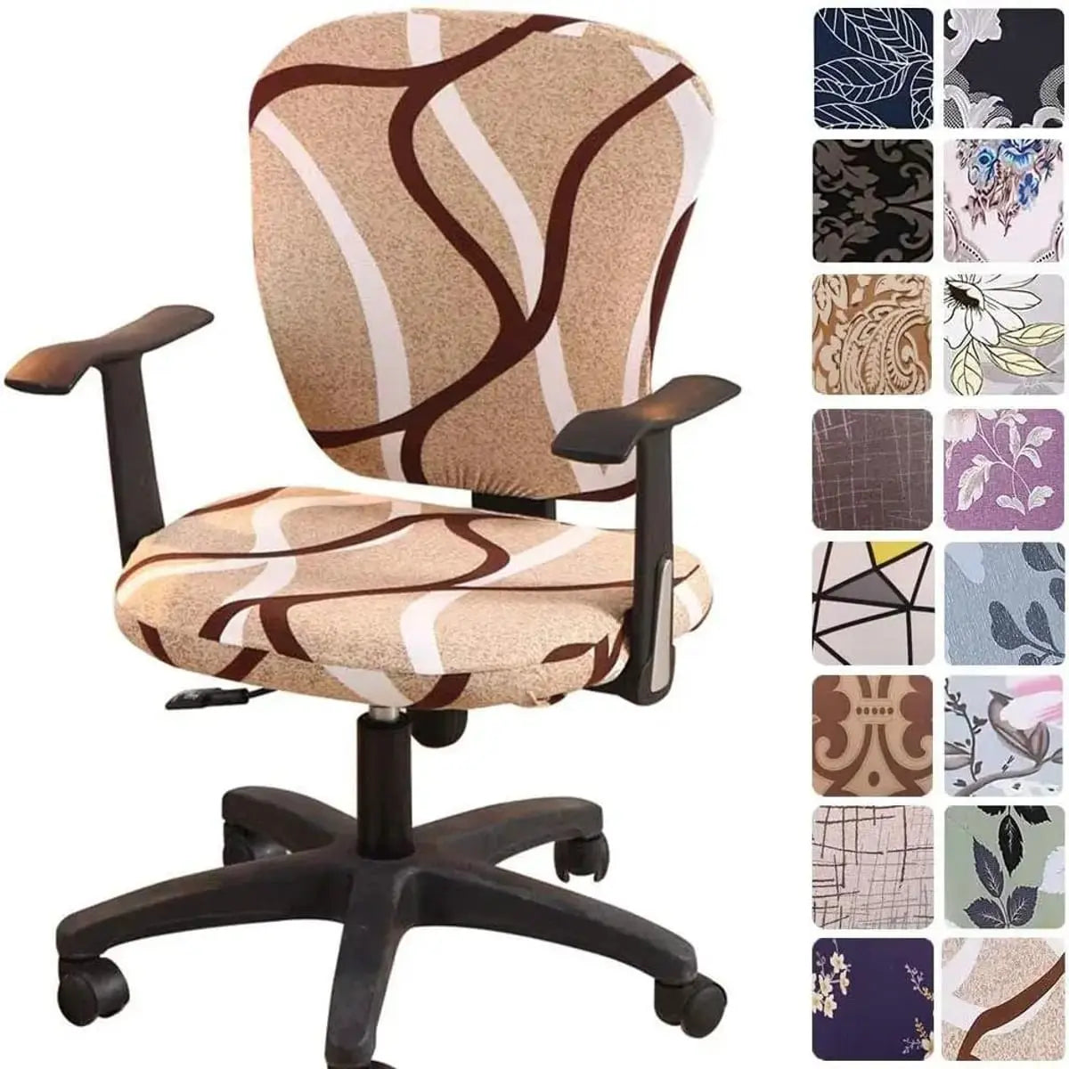 Melaluxe stretchable universal office chair cover fitted on a small office chair, showcasing its colorful, snug fit and fabric texture.