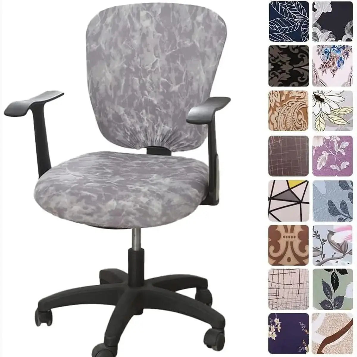 Melaluxe stretchable universal office chair cover fitted on a small chair, showing its snug fit and soft fabric for small office chairs.