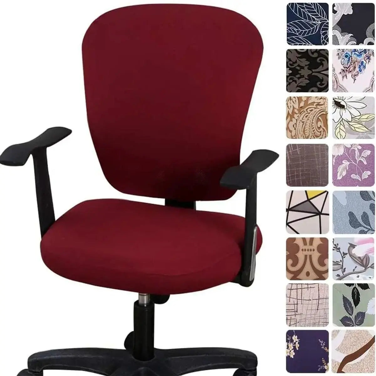 Melaluxe stretchable universal office chair cover on a small chair, showcasing the fitted fabric and vibrant color.