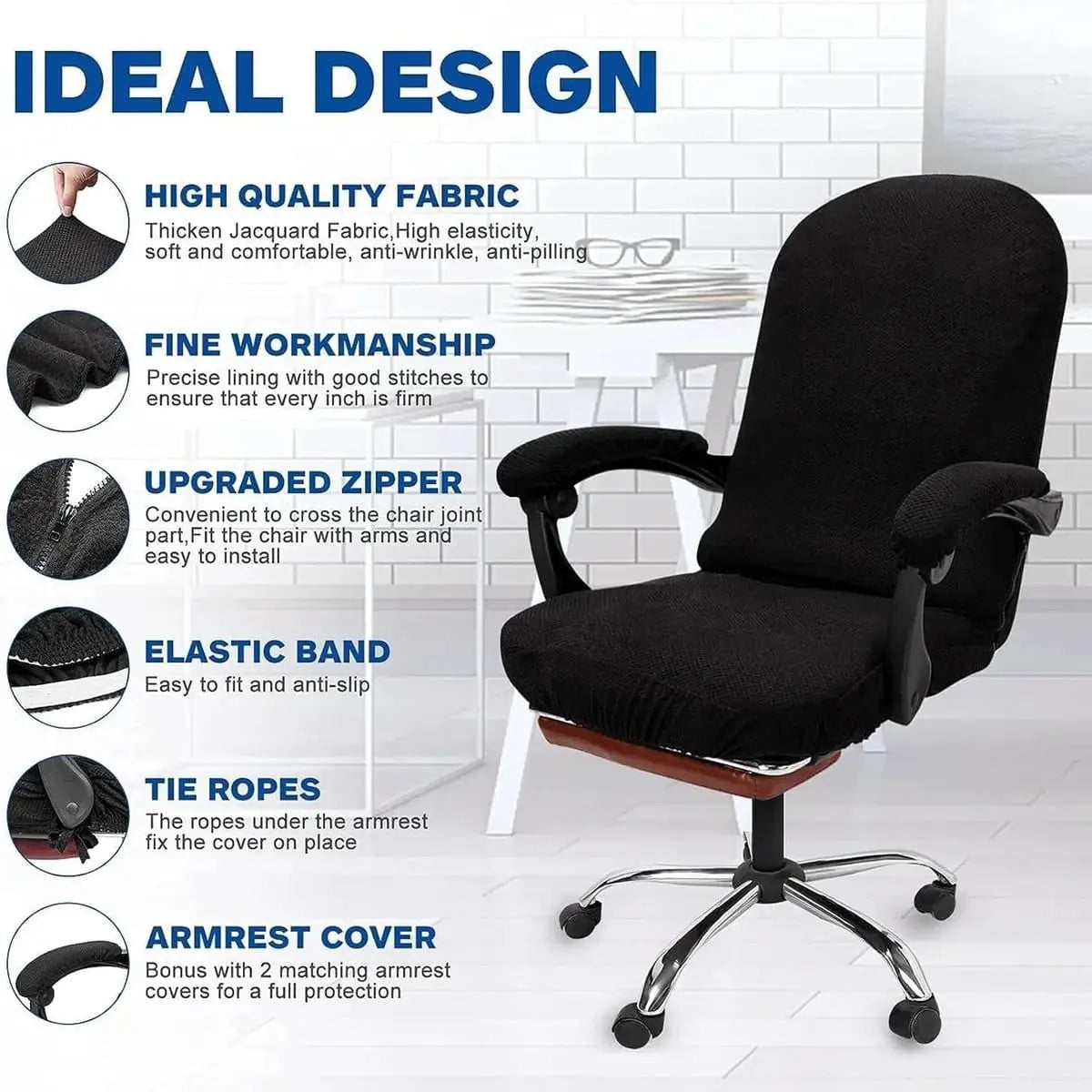 Black stretchable Jacquard office chair cover with armrests by NeColorLife, designed for a snug fit and elegant look.
