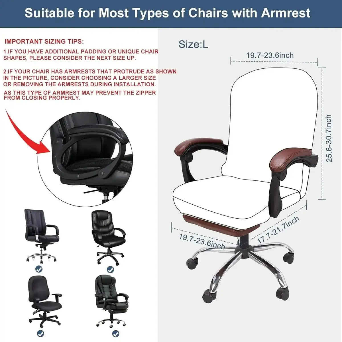 NeColorLife stretchable black office chair cover with armrests made of jacquard fabric, designed to fit large chairs.