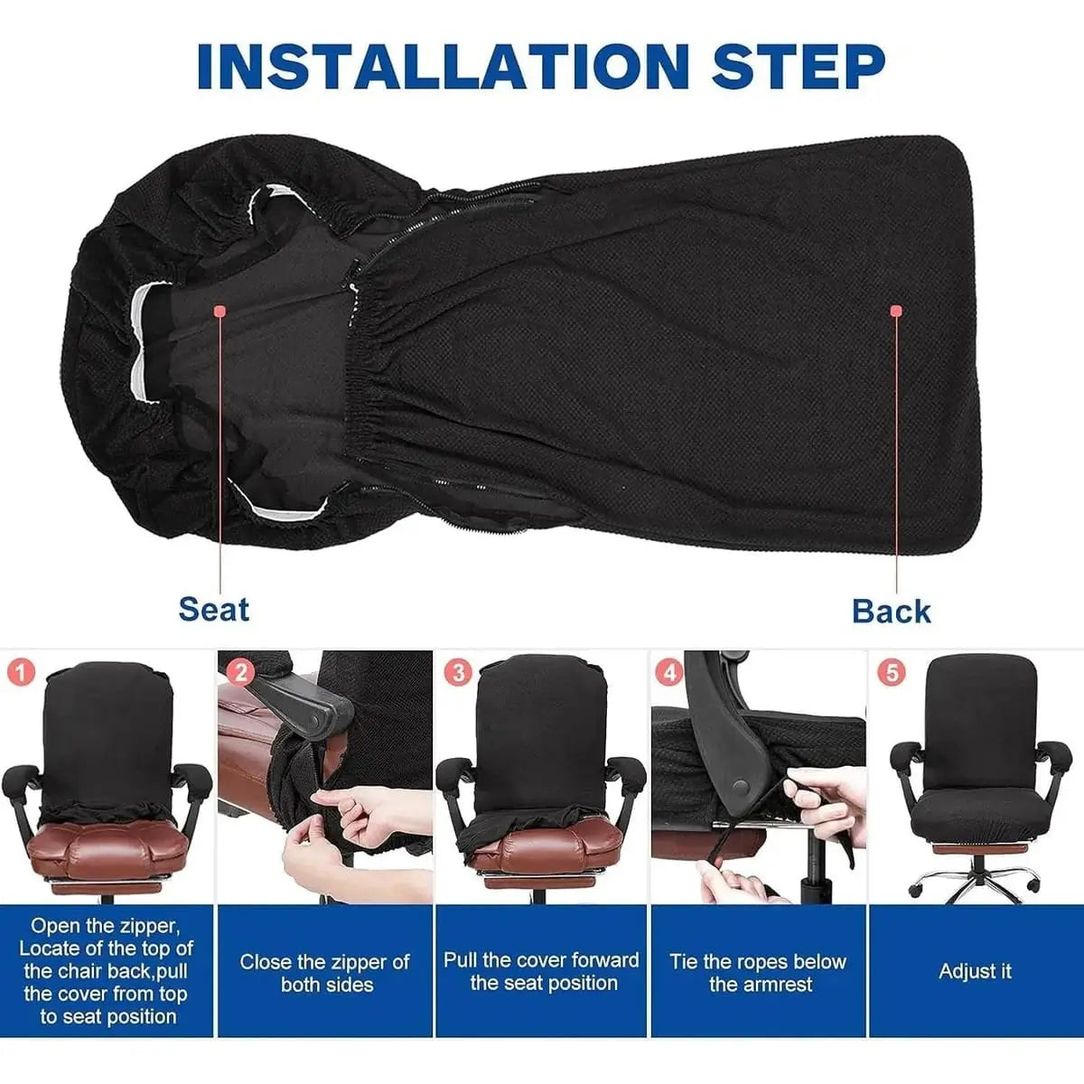 Black stretchable jacquard office chair cover with armrests, designed to fit NeColorLife ergonomic office chairs.