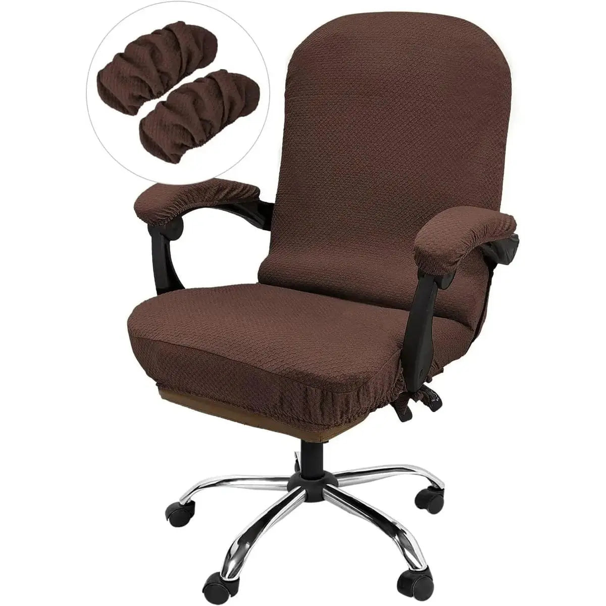 Black stretchable Jacquard office chair cover with armrests by NeColorLife, designed to fit large chairs comfortably.