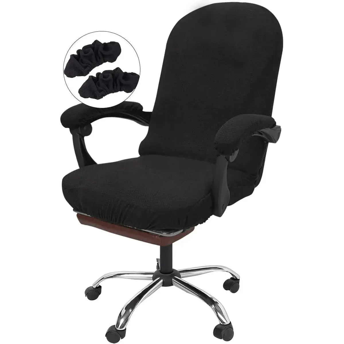 Black NeColorLife office chair cover with armrests, stretchable jacquard fabric, designed to fit large office chairs.