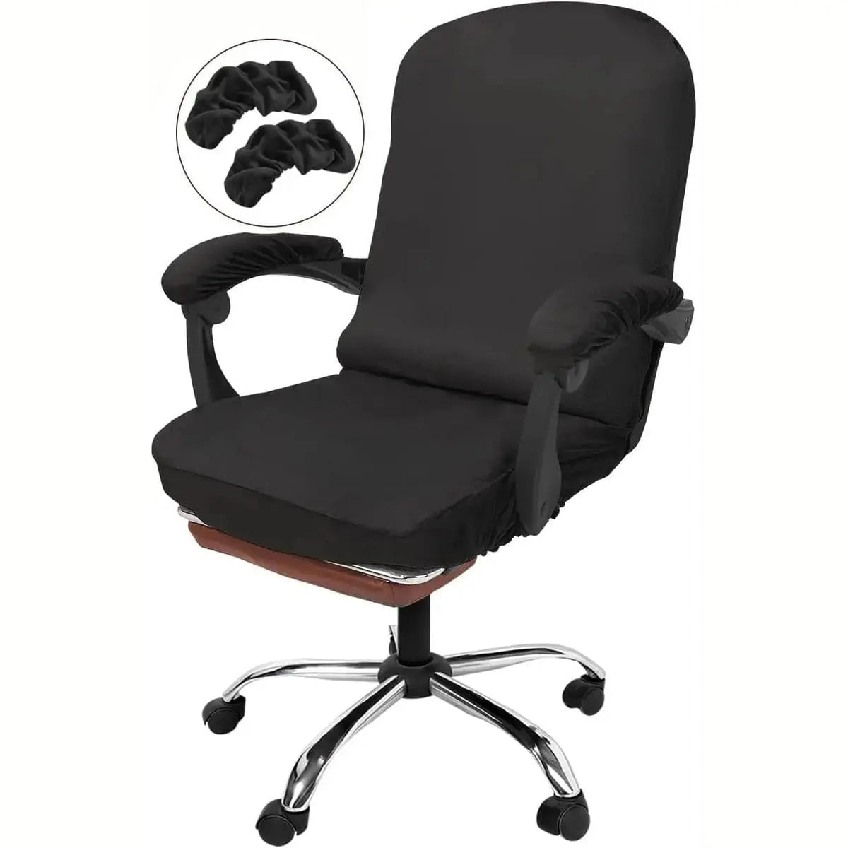 Black NeColorLife office chair cover with armrests, made of stretchable jacquard fabric for a snug fit and stylish look.