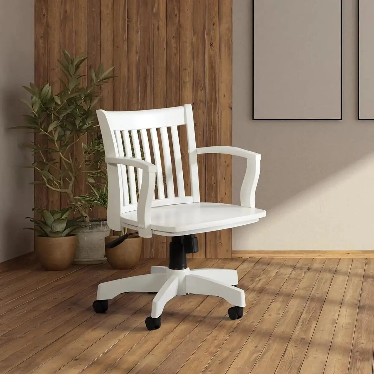 Office Star Products OSP Classic Wood Banker’s Chair with adjustable height, featuring a white finish and traditional wooden design.