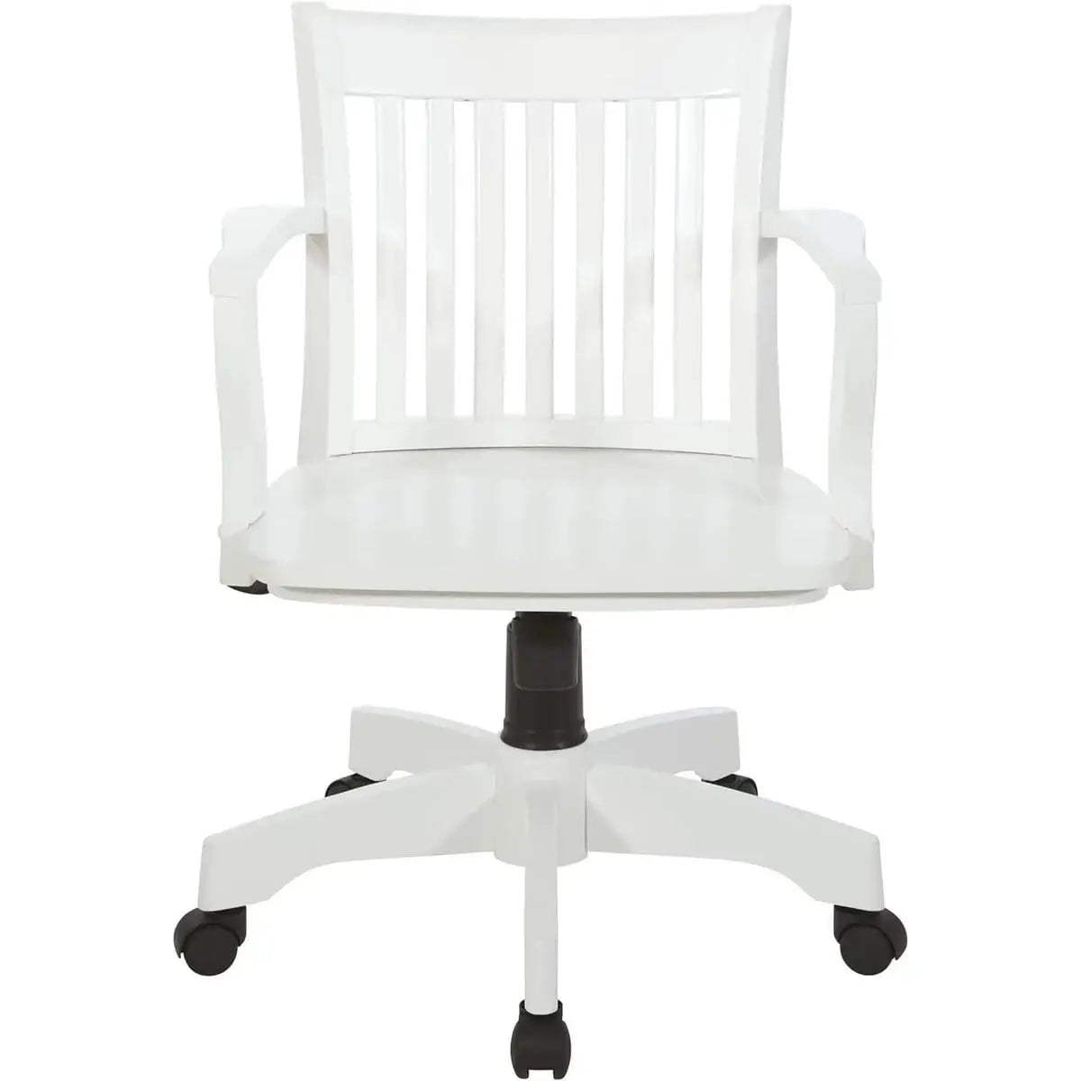 Office Star Products OSP Classic Wood Banker’s Chair with adjustable height, featuring a white wooden frame and padded seat.