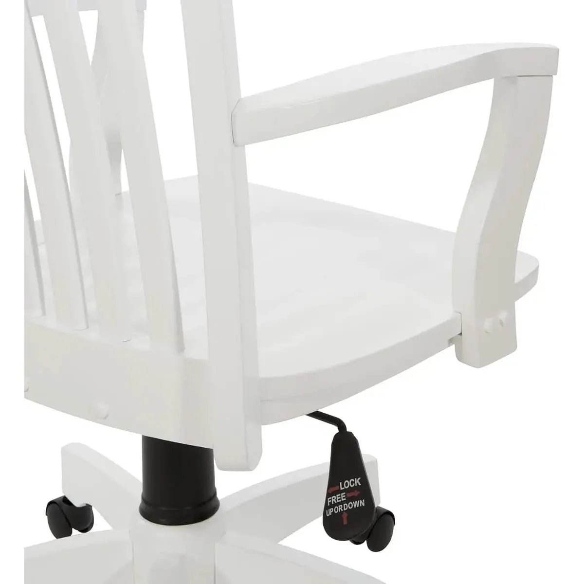 Office Star Products OSP Classic Wood Banker’s Chair with adjustable height, featuring a white finish and traditional wooden armrests.
