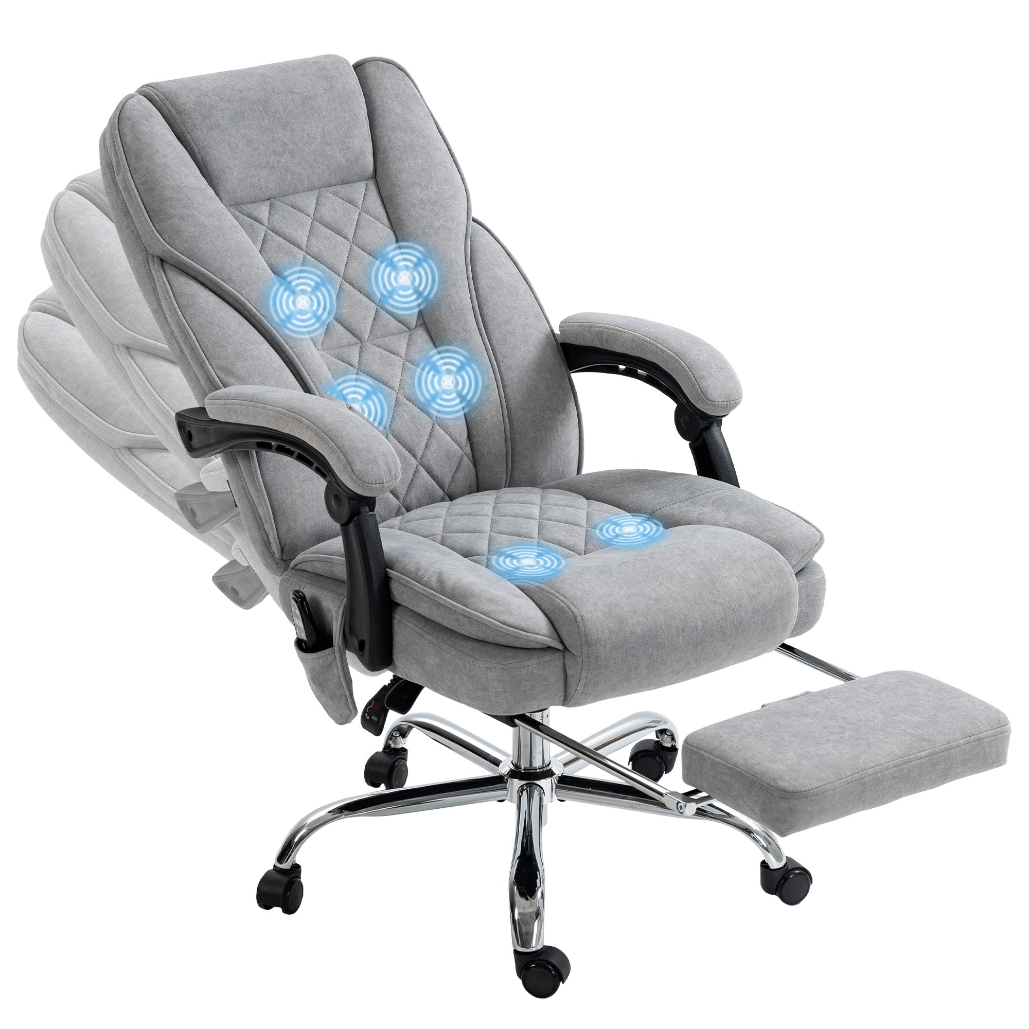 Chair reclined with footrest extended and massage points highlighted