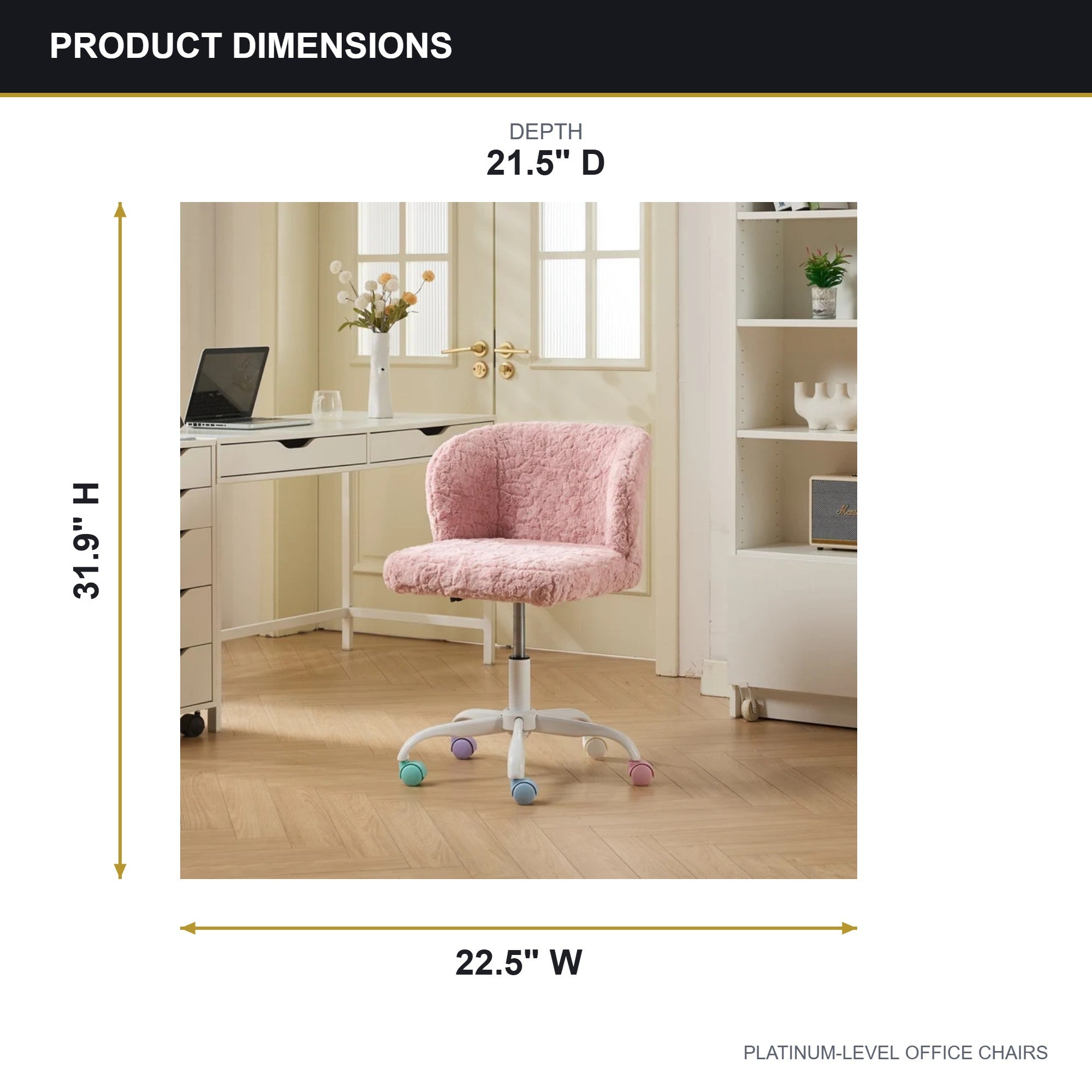 A&A Furniture Pink Faux Fur Vanity Chair with Metal Base