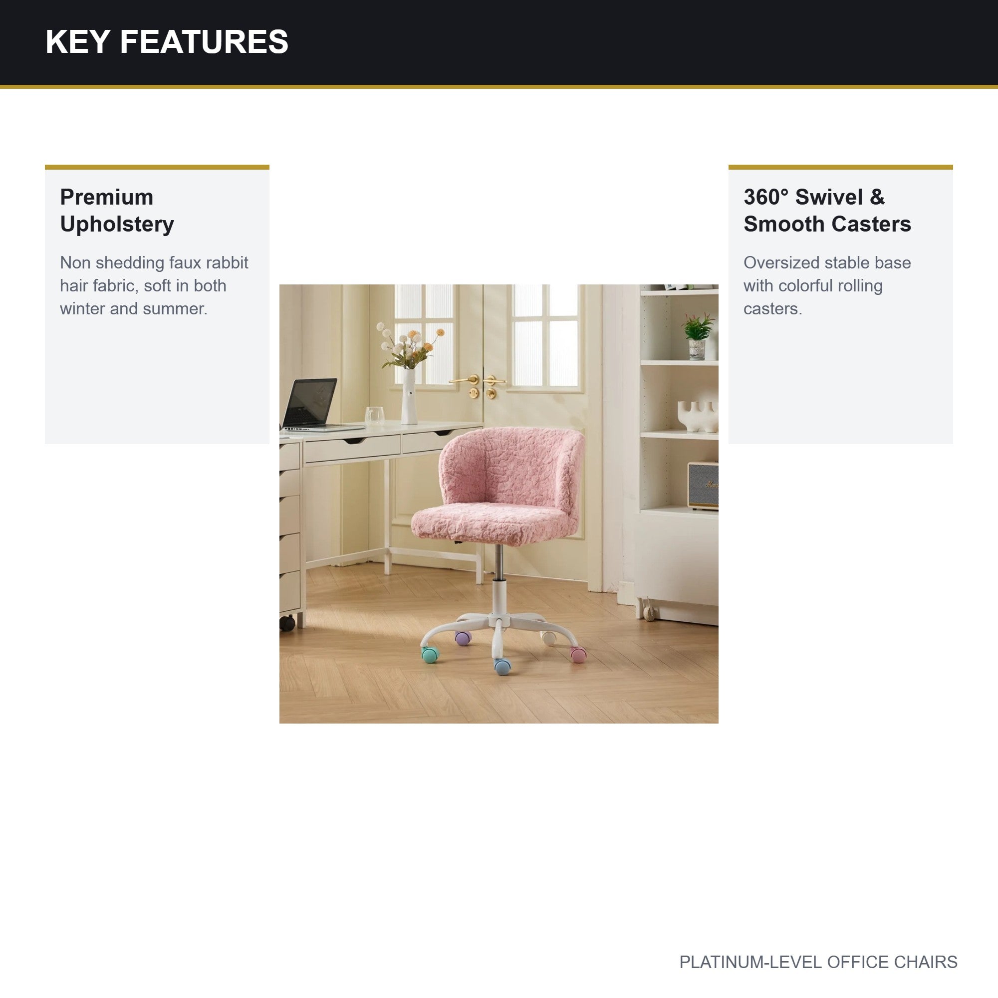 A&A Furniture Pink Faux Fur Vanity Chair with Metal Base