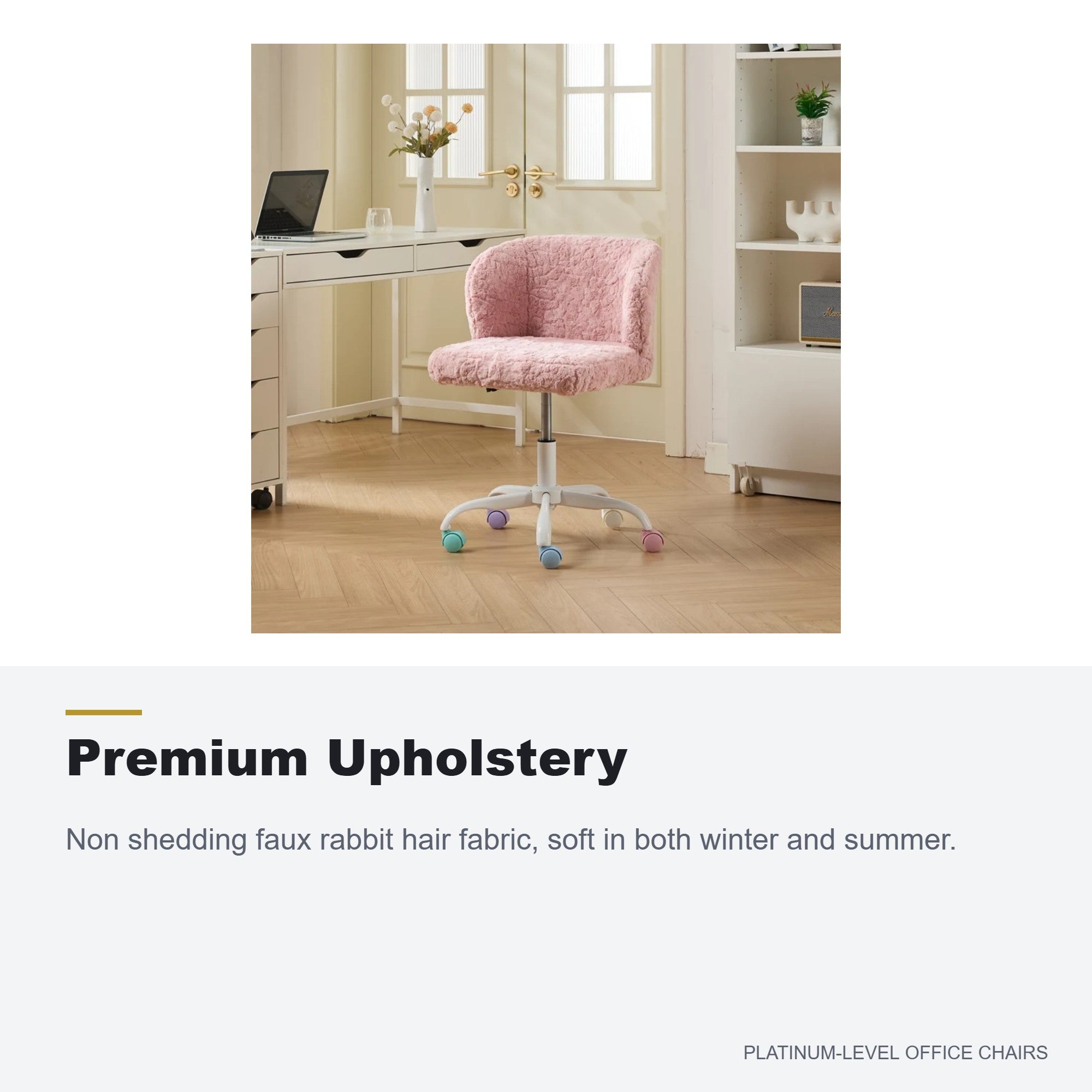 A&A Furniture Pink Faux Fur Vanity Chair with Metal Base
