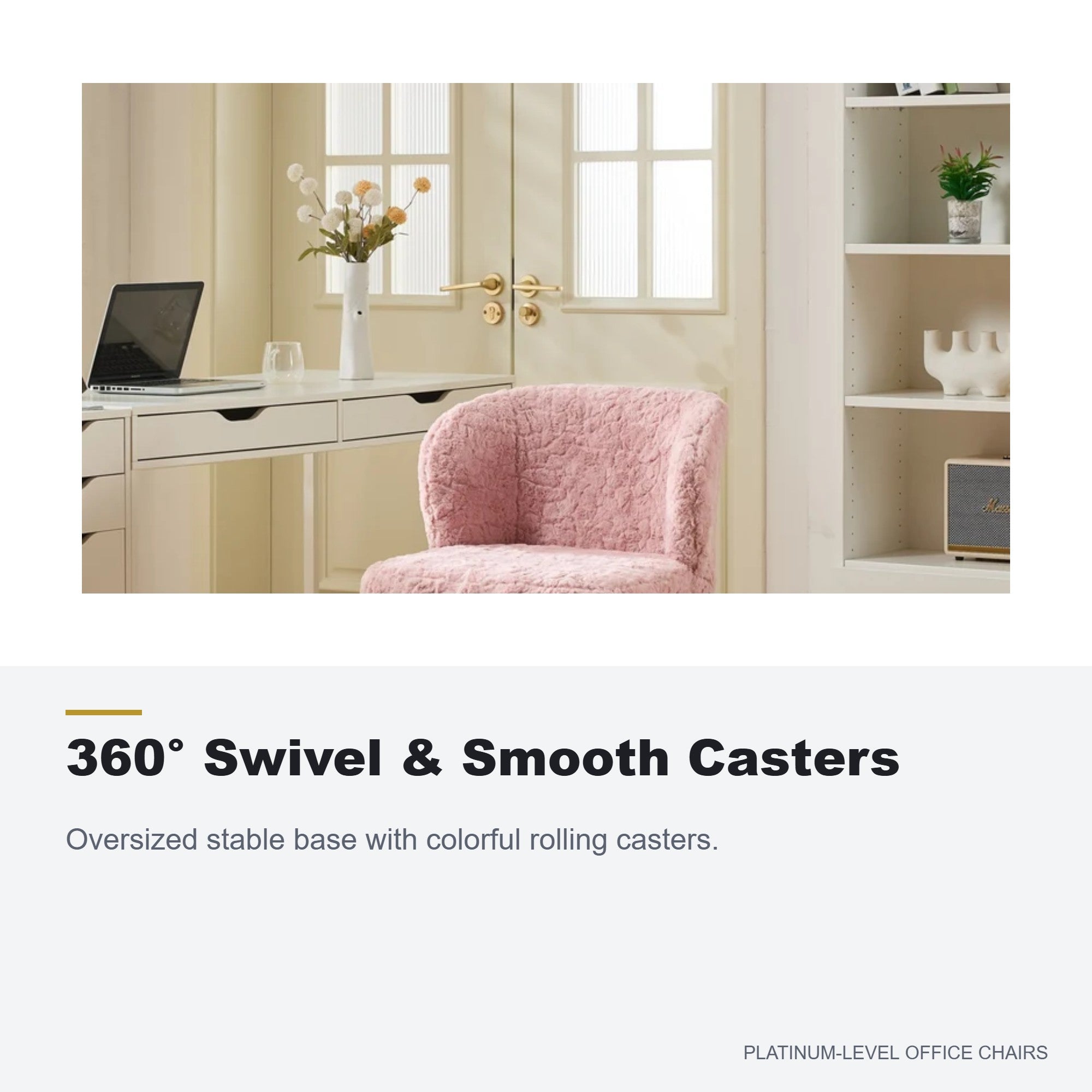 A&A Furniture Pink Faux Fur Vanity Chair with Metal Base