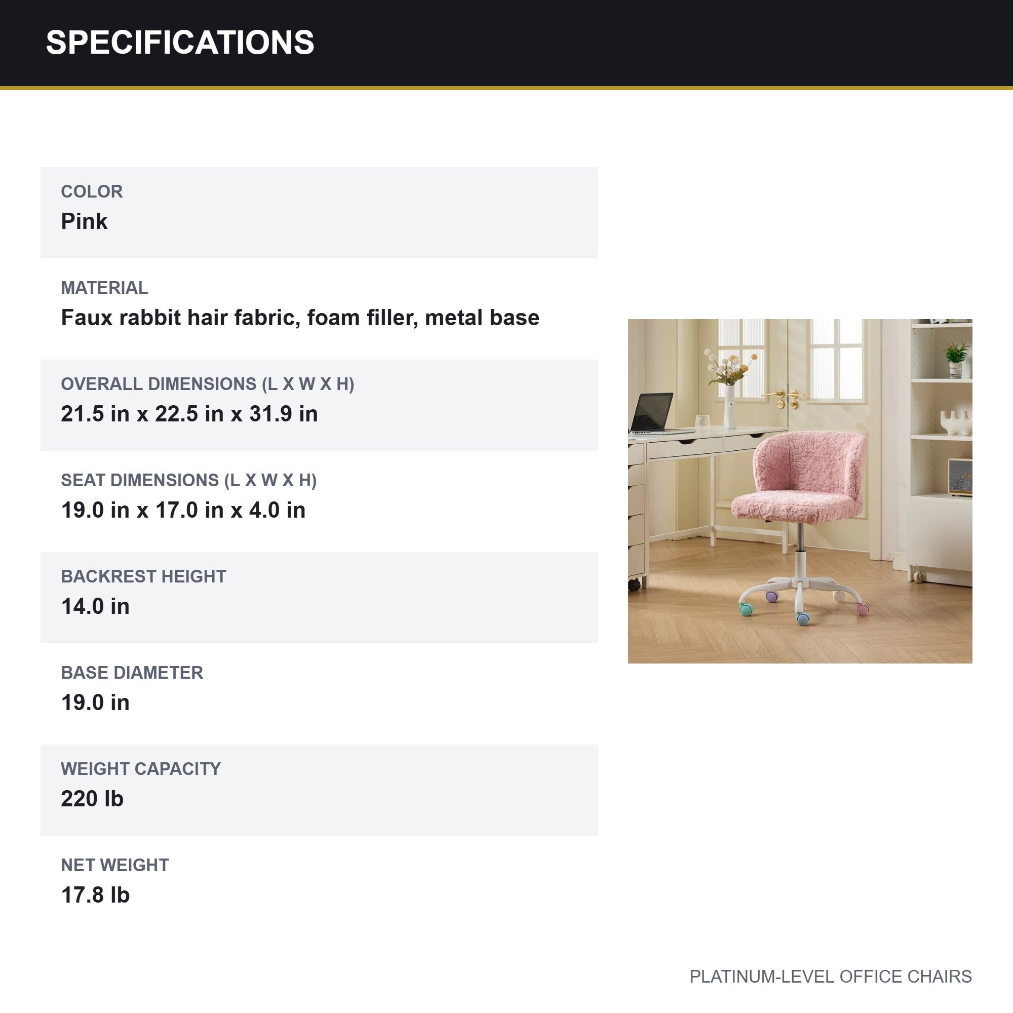 A&A Furniture Pink Faux Fur Vanity Chair with Metal Base