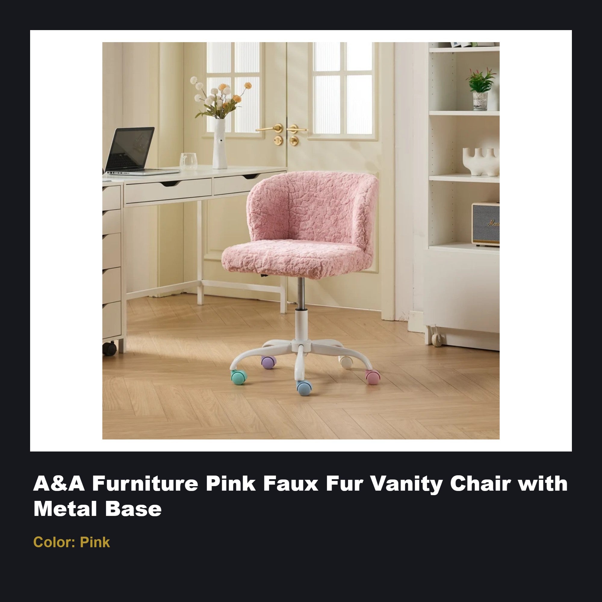 A&A Furniture Pink Faux Fur Vanity Chair with Metal Base