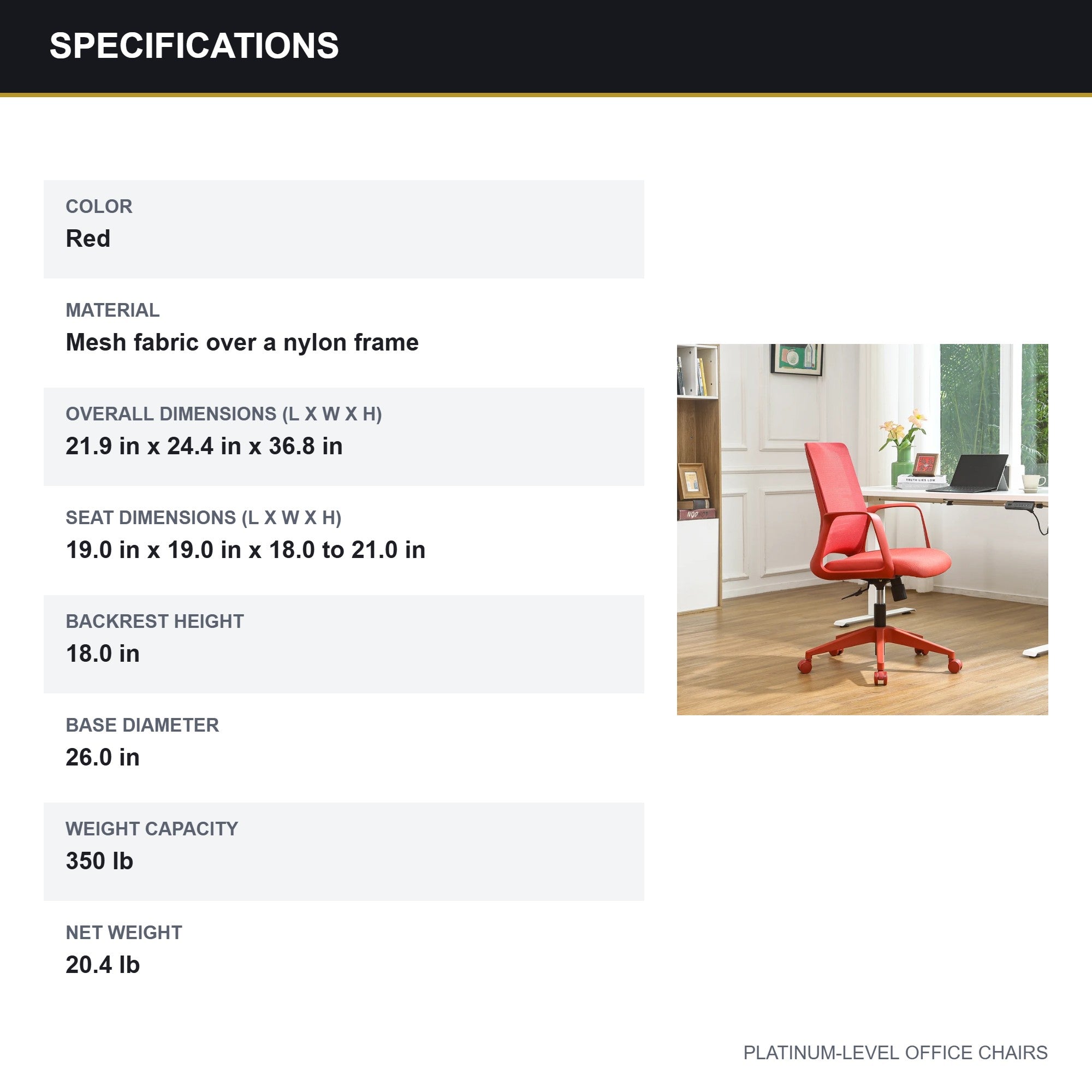 Red Mesh Executive Office Chair with Lumbar Support, 350 lbs - Platinum-Level Office Chairs