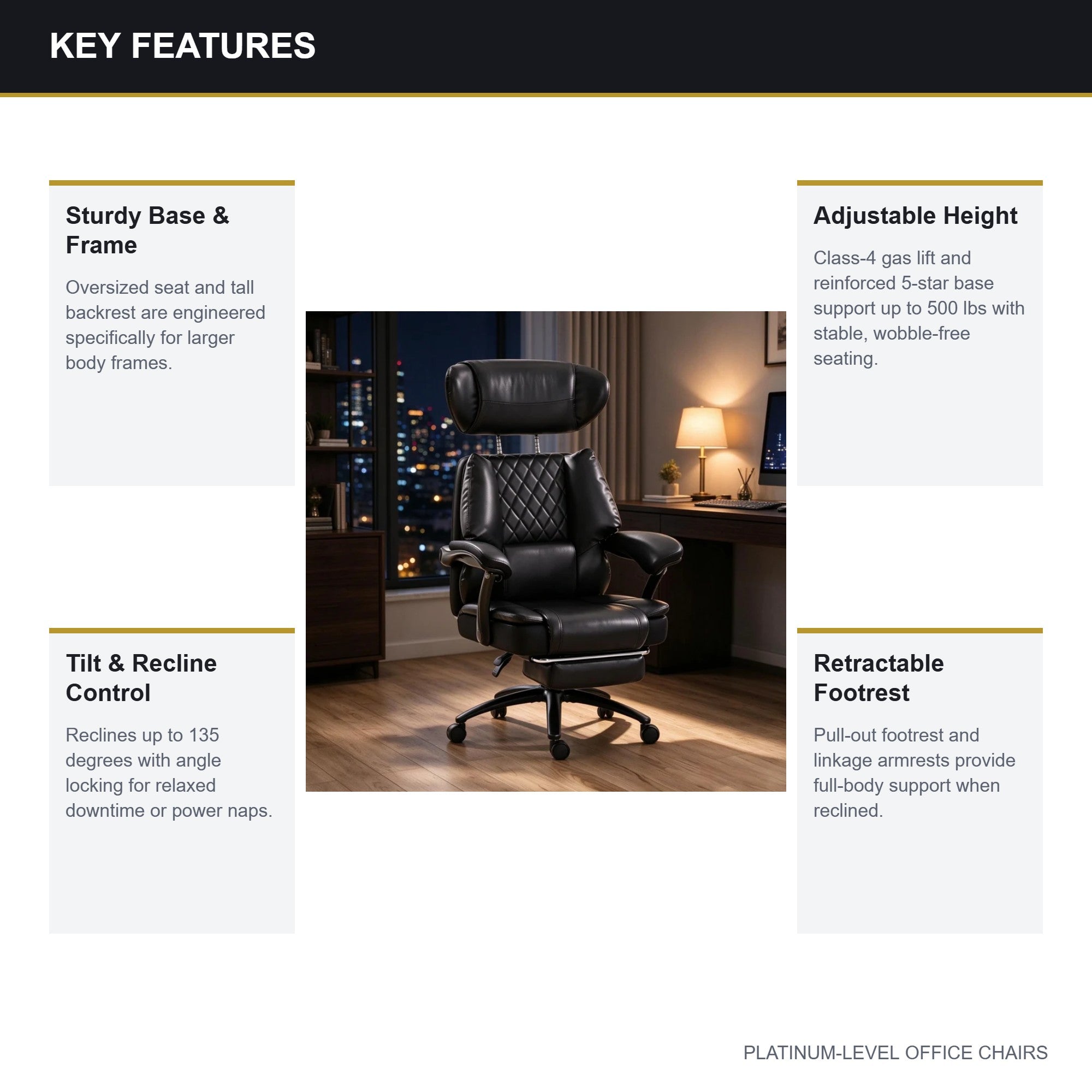 Black 500lbs Big and Tall Reclining Office Chair with Footrest - Platinum-Level Office Chairs