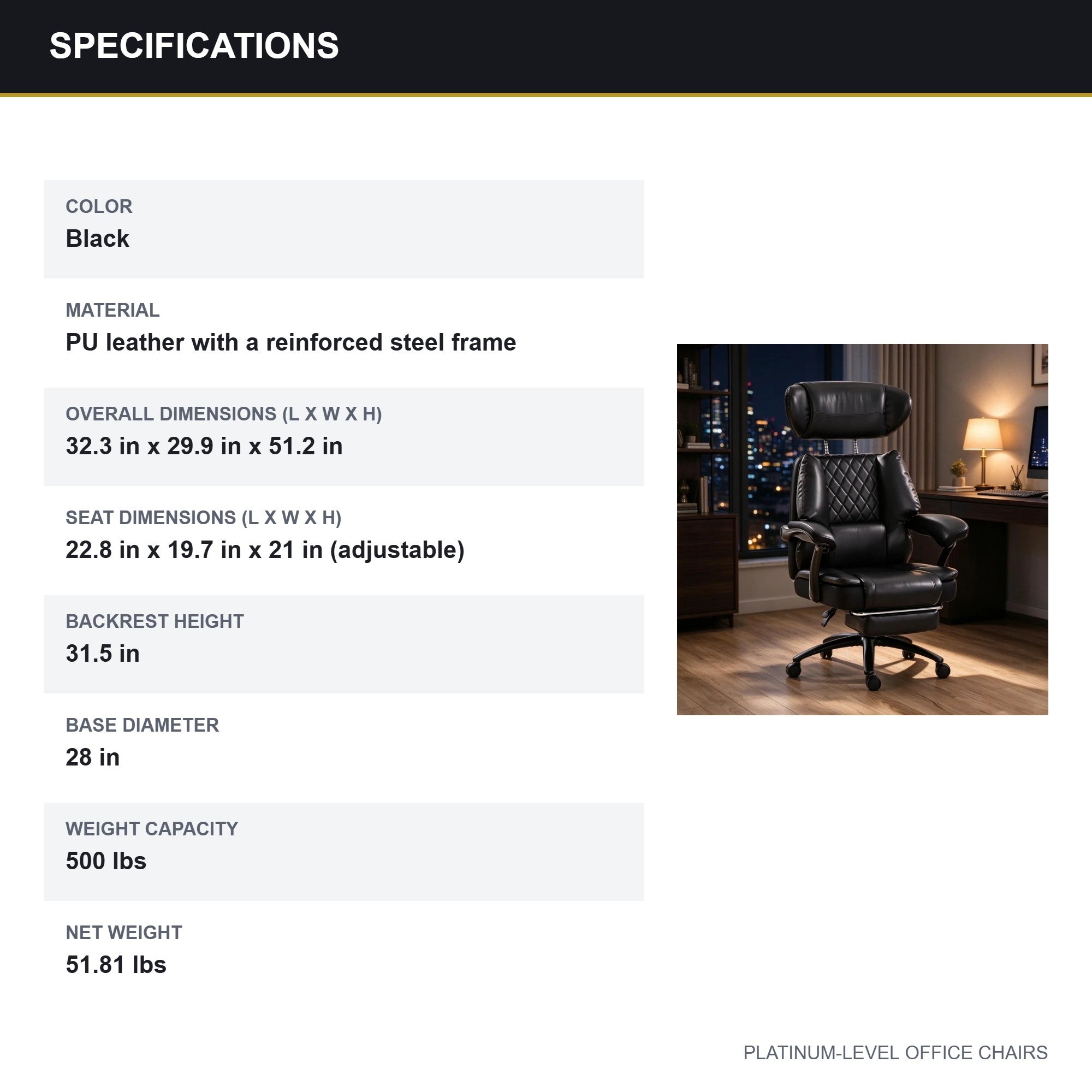 Black 500lbs Big and Tall Reclining Office Chair with Footrest - Platinum-Level Office Chairs