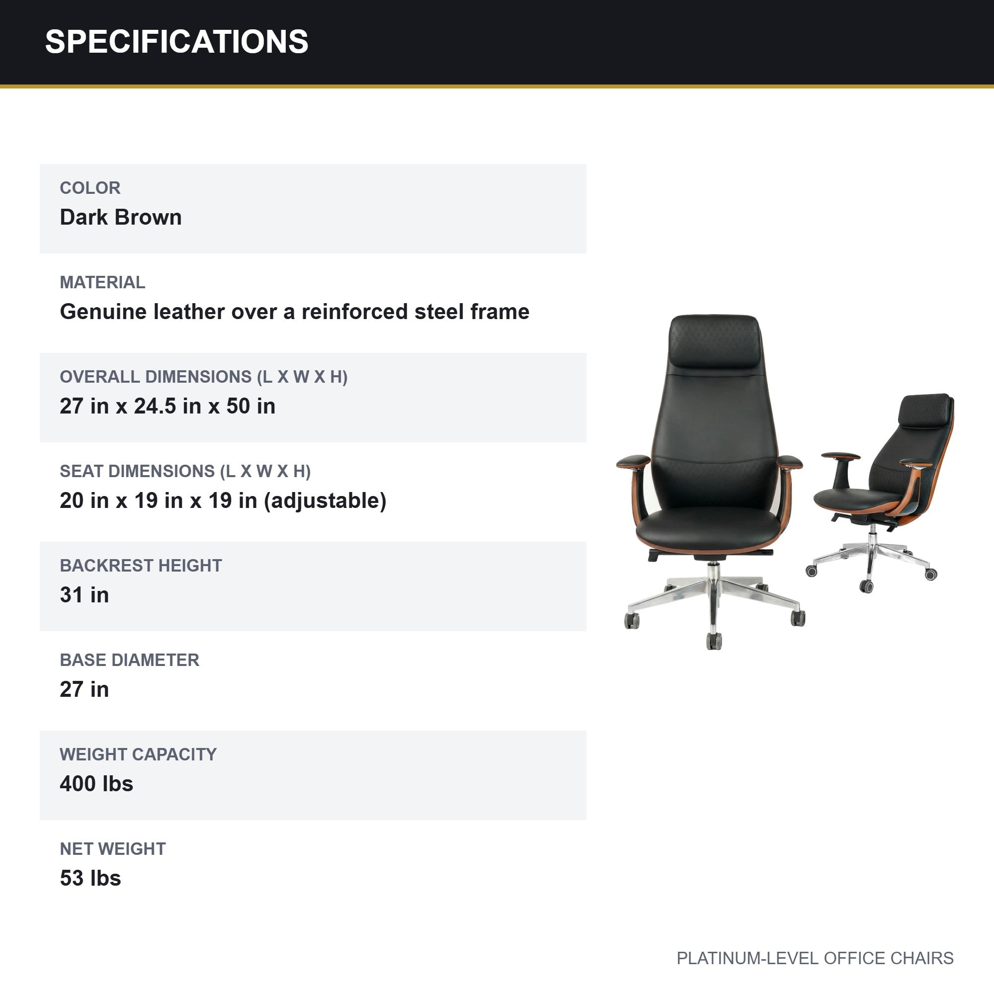 FurniBaron Dark Brown Leather High Back Office Chair 400lbs - Platinum-Level Office Chairs