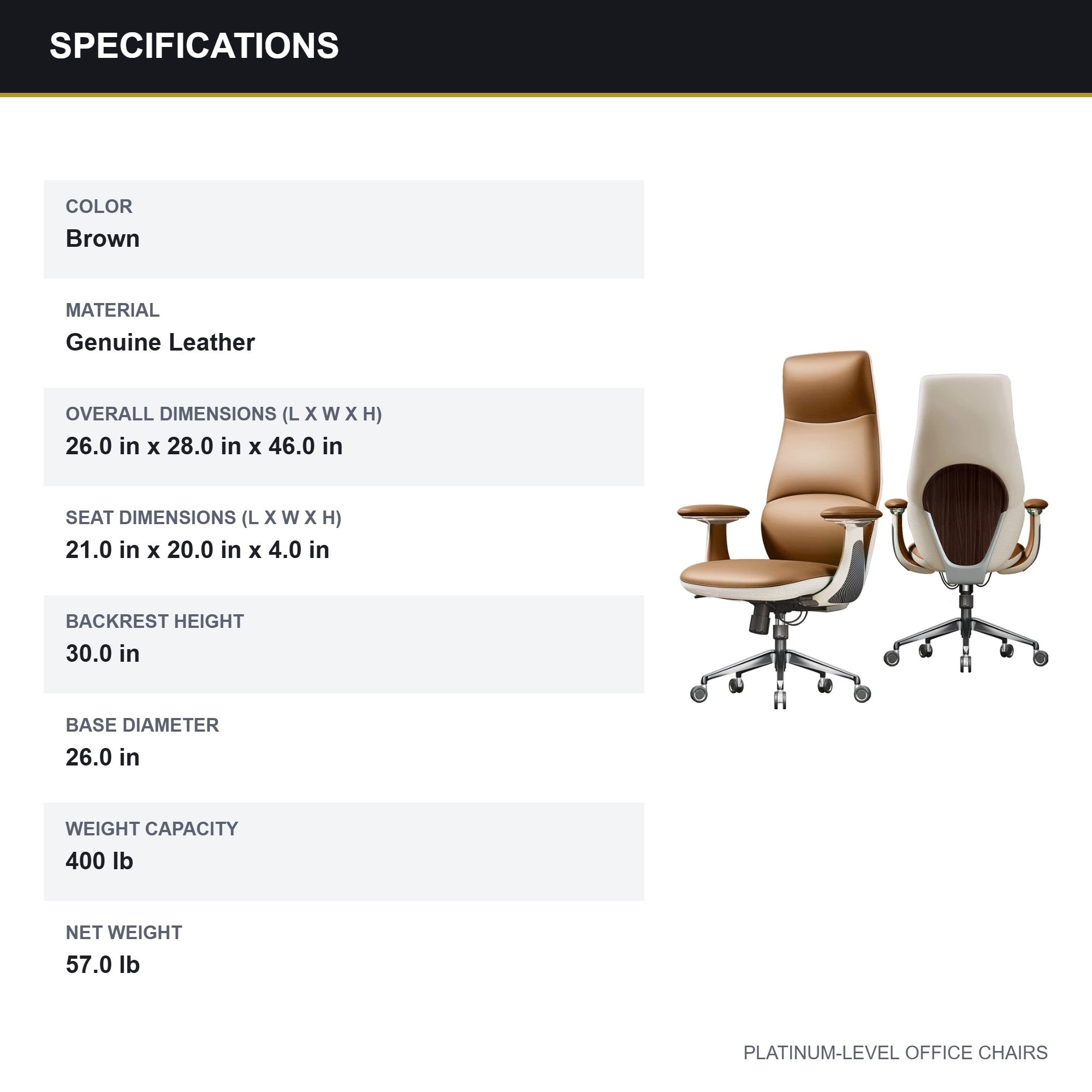 Ergonomic Brown Leather Executive Chair, 400lb Capacity - Platinum-Level Office Chairs