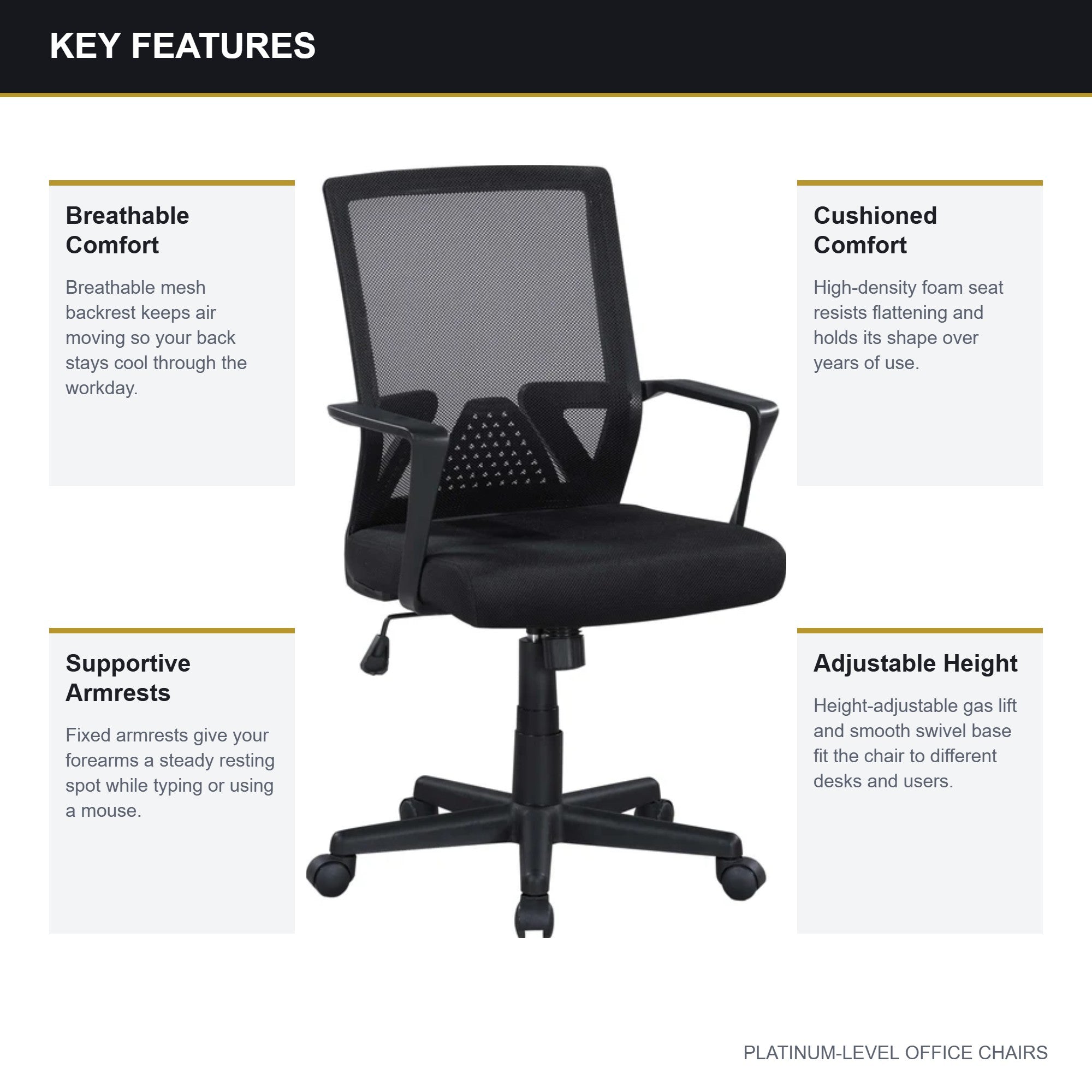 Black Mesh Office Chair with Armrests and Mid-Back Support