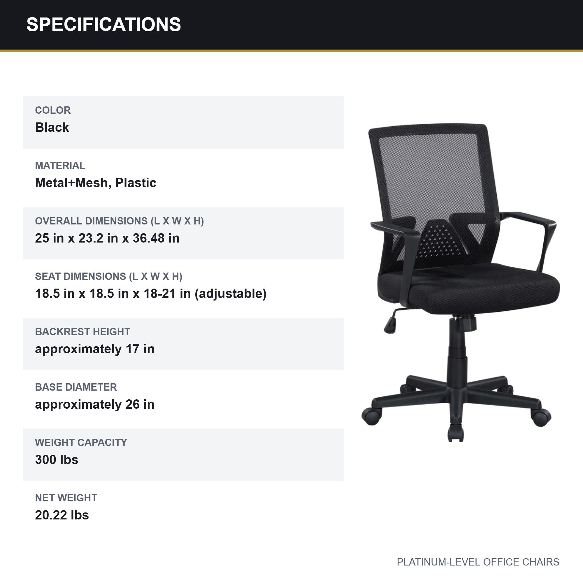 Black Mesh Office Chair with Armrests and Mid-Back Support