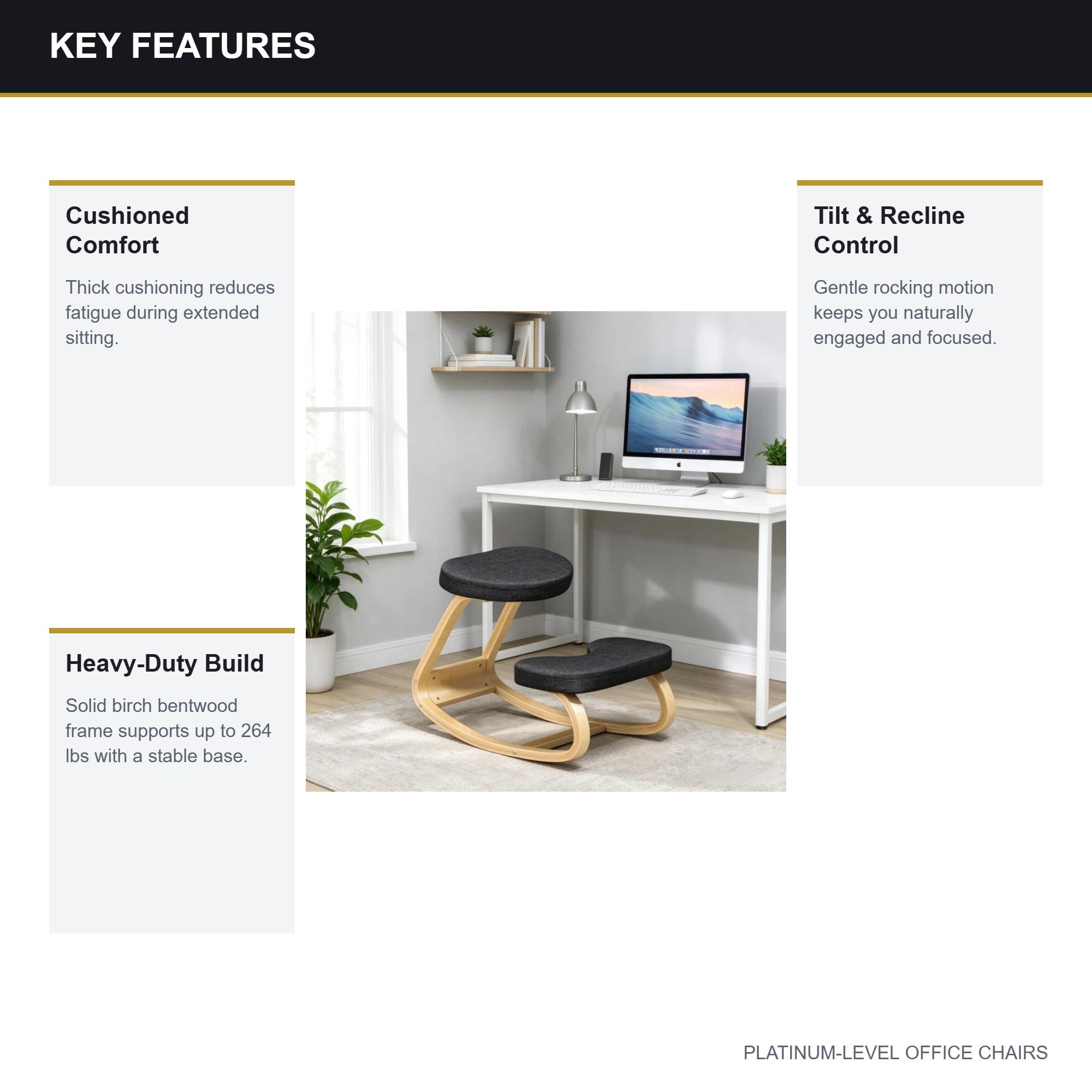Ergonomic Rocking Kneeling Chair with Bentwood Frame, Black