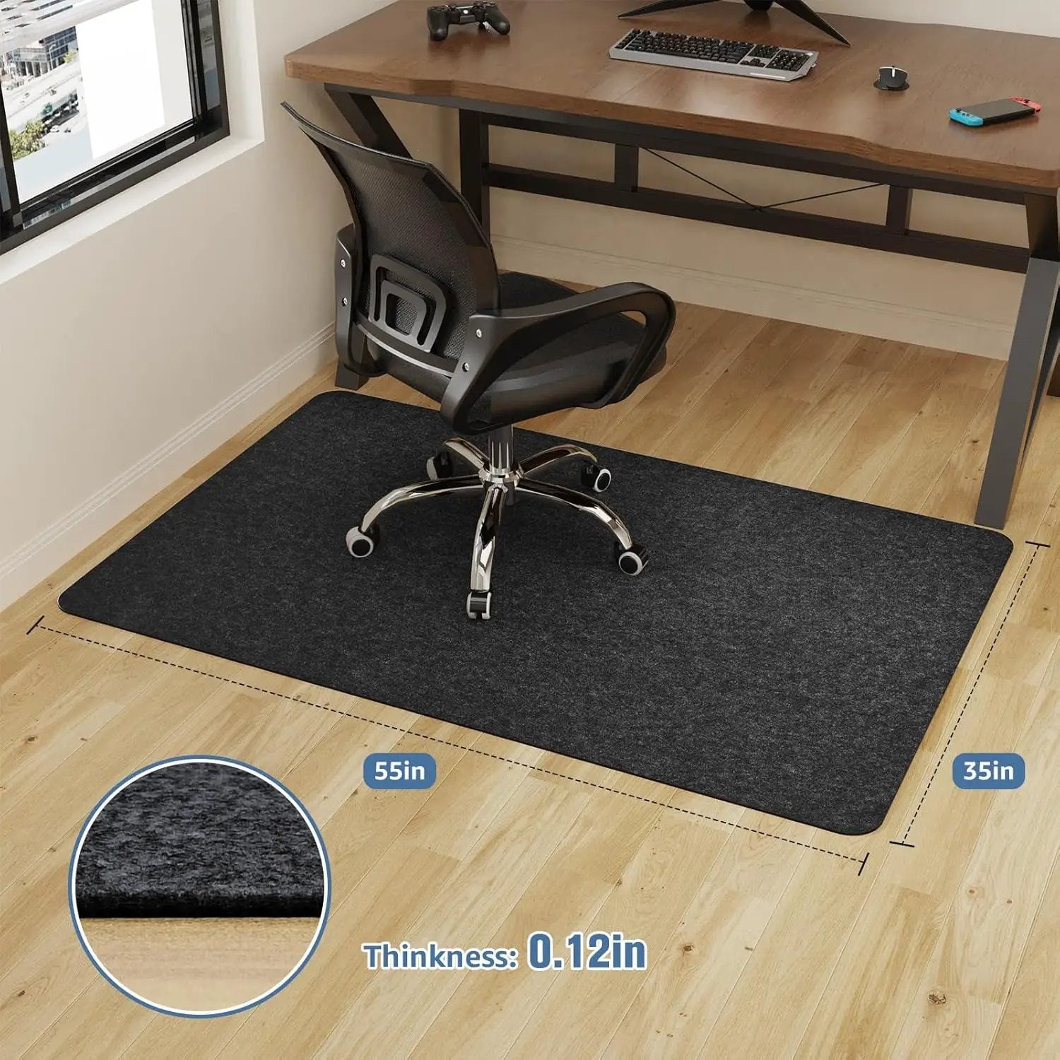 Black Placoot Hard Floor Chair Mat 55x35 inches with anti-slip design, protects floors and enhances stability for home office chairs.