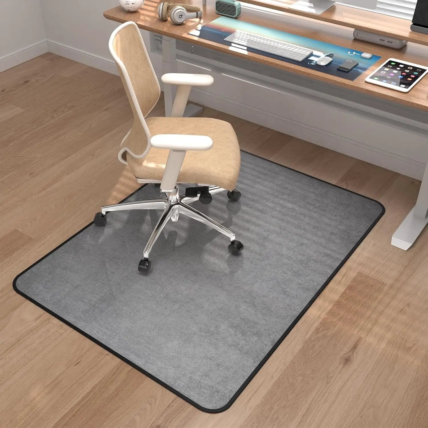 Placoot heavy-duty office chair mat, 48x36 inches, designed for hardwood and carpet floors, shown on a wooden and carpeted surface.