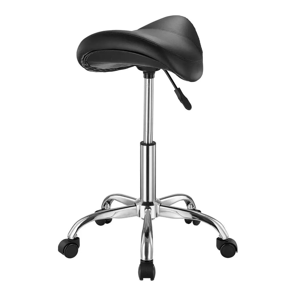 Black ergonomic saddle stool with wheels, adjustable height, designed for comfort, by Platinum-Level Office Chairs.