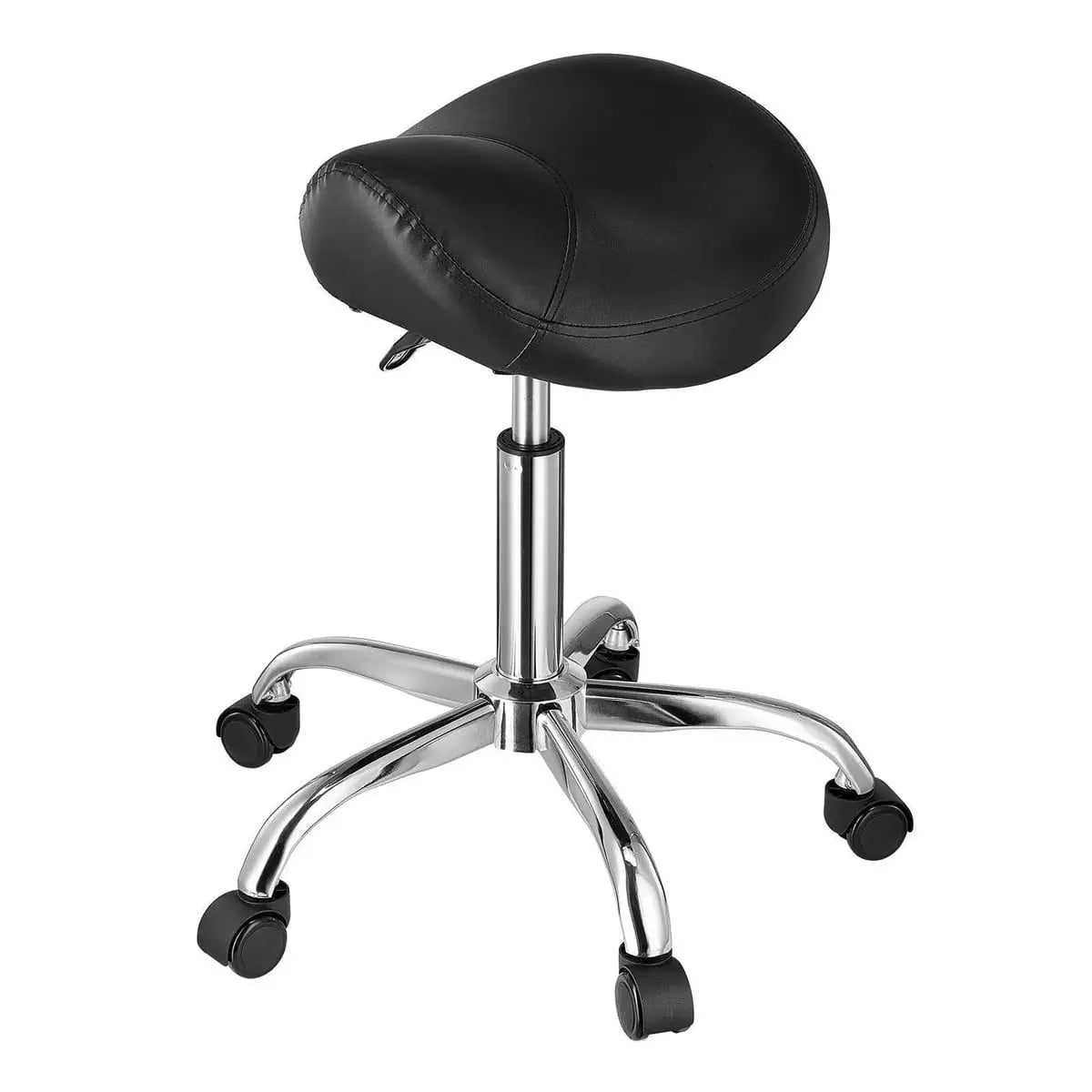Black ergonomic saddle stool with wheels, height adjustable, designed for comfort, by Platinum-Level Office Chairs.