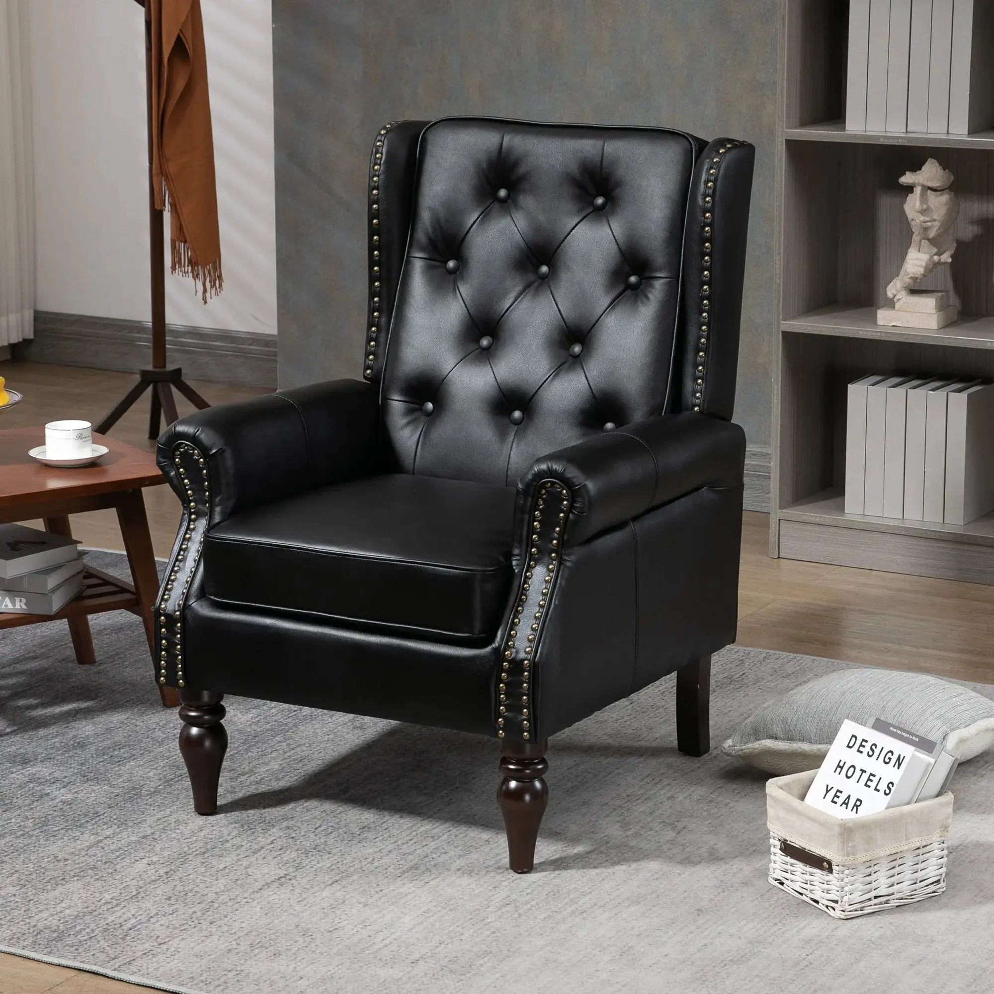 Black PU modern accent armchair with sturdy wood legs, stylish design, from Platinum-Level Office Chairs.