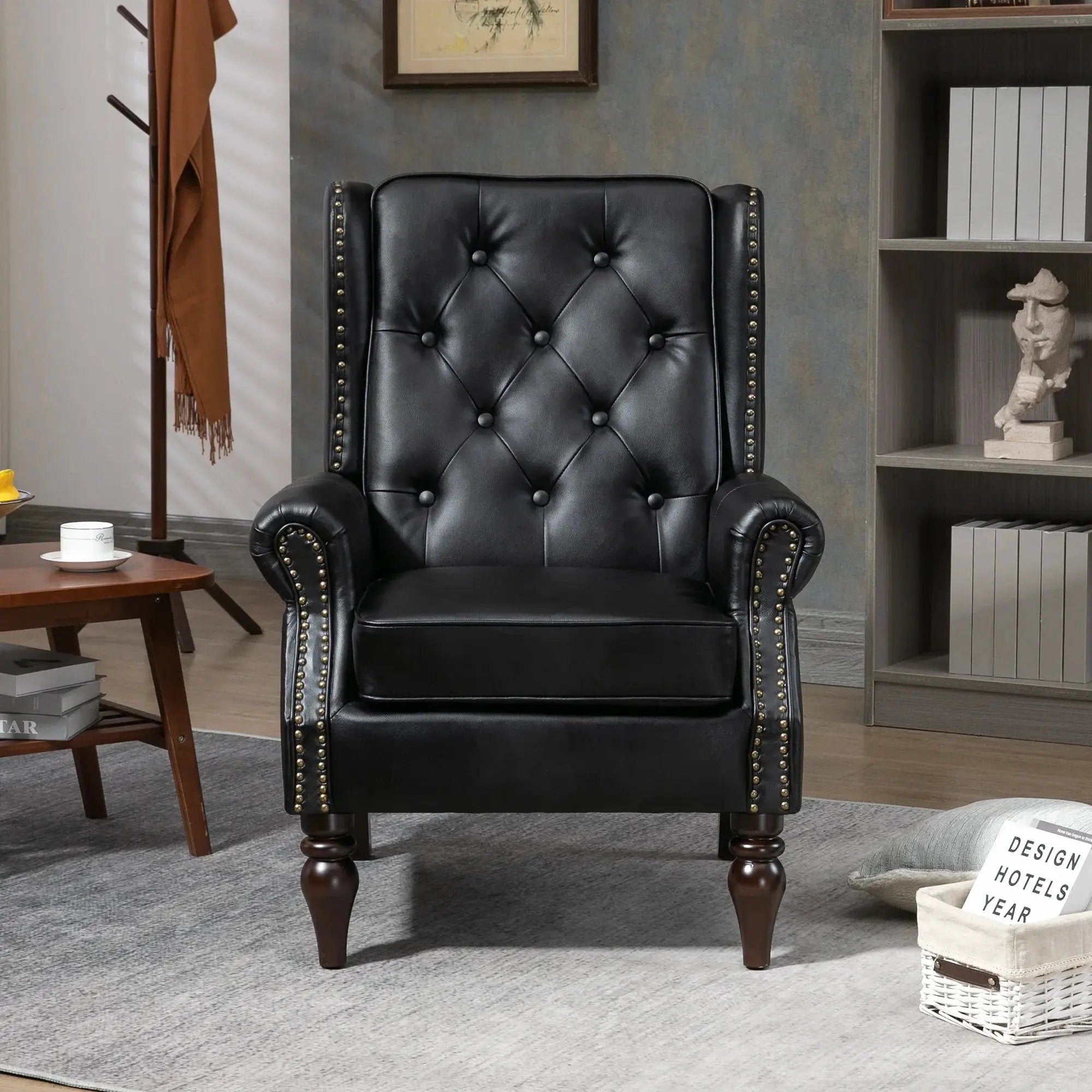 Modern black PU accent armchair with sturdy wood legs, designed for stylish comfort in Platinum-Level Office Chairs' collection.