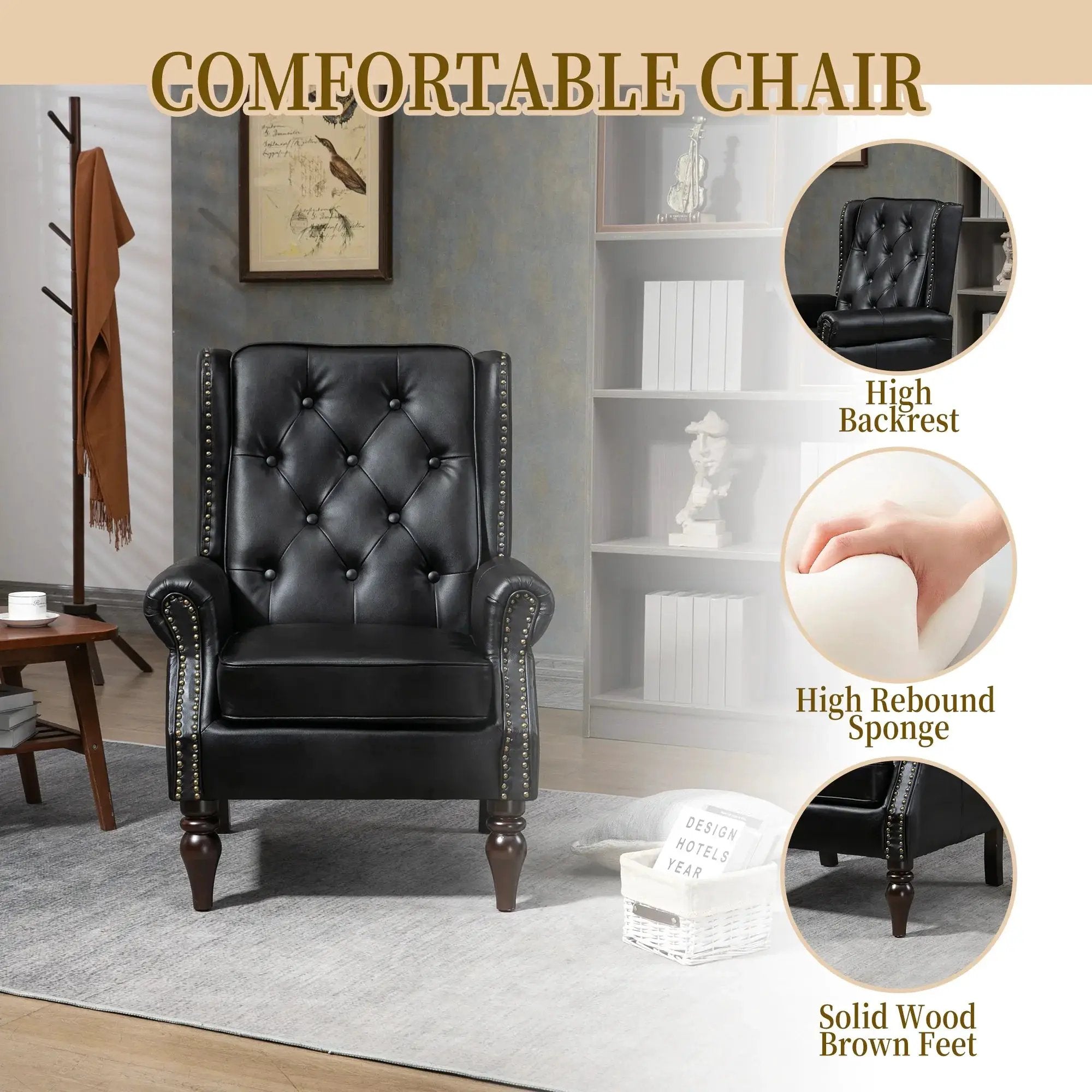 Modern black PU accent armchair with sturdy wood legs, designed for stylish comfort in contemporary living spaces.
