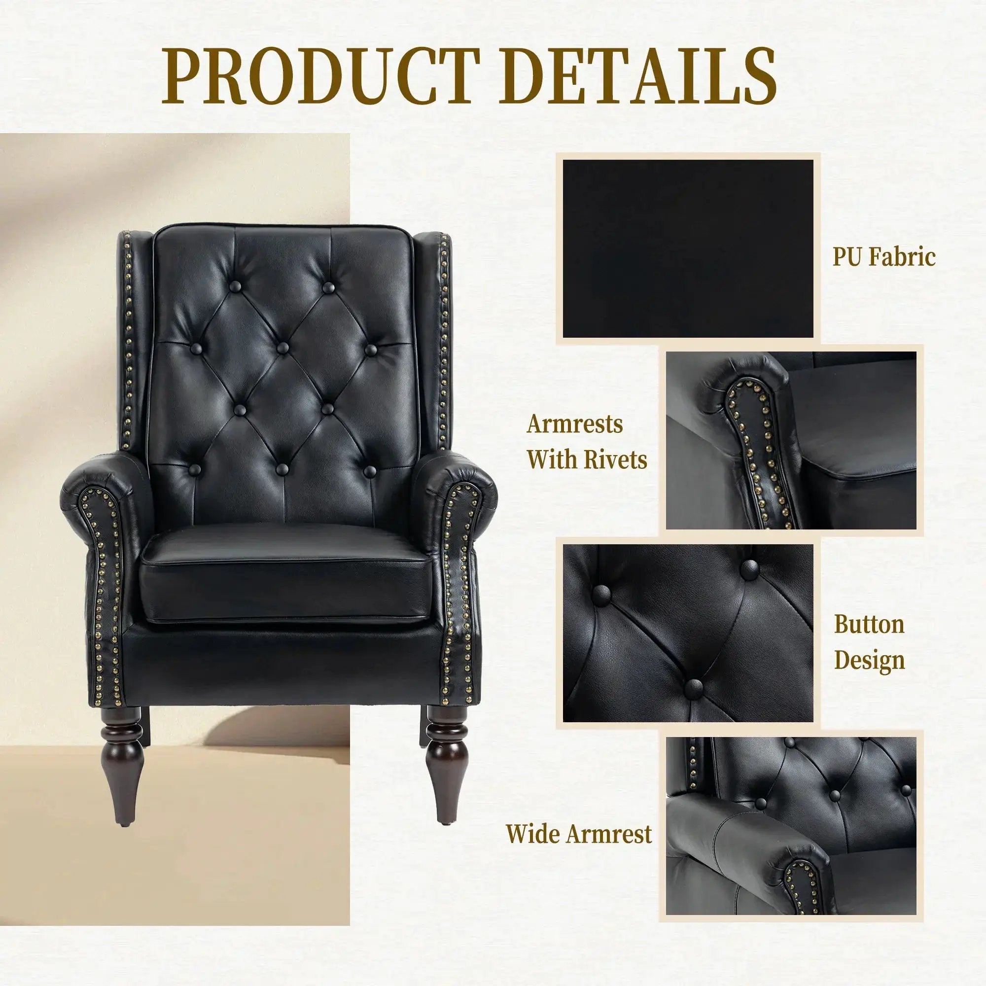 Black PU modern accent armchair with sturdy wood legs, stylish design, and comfortable seating from Platinum-Level Office Chairs.