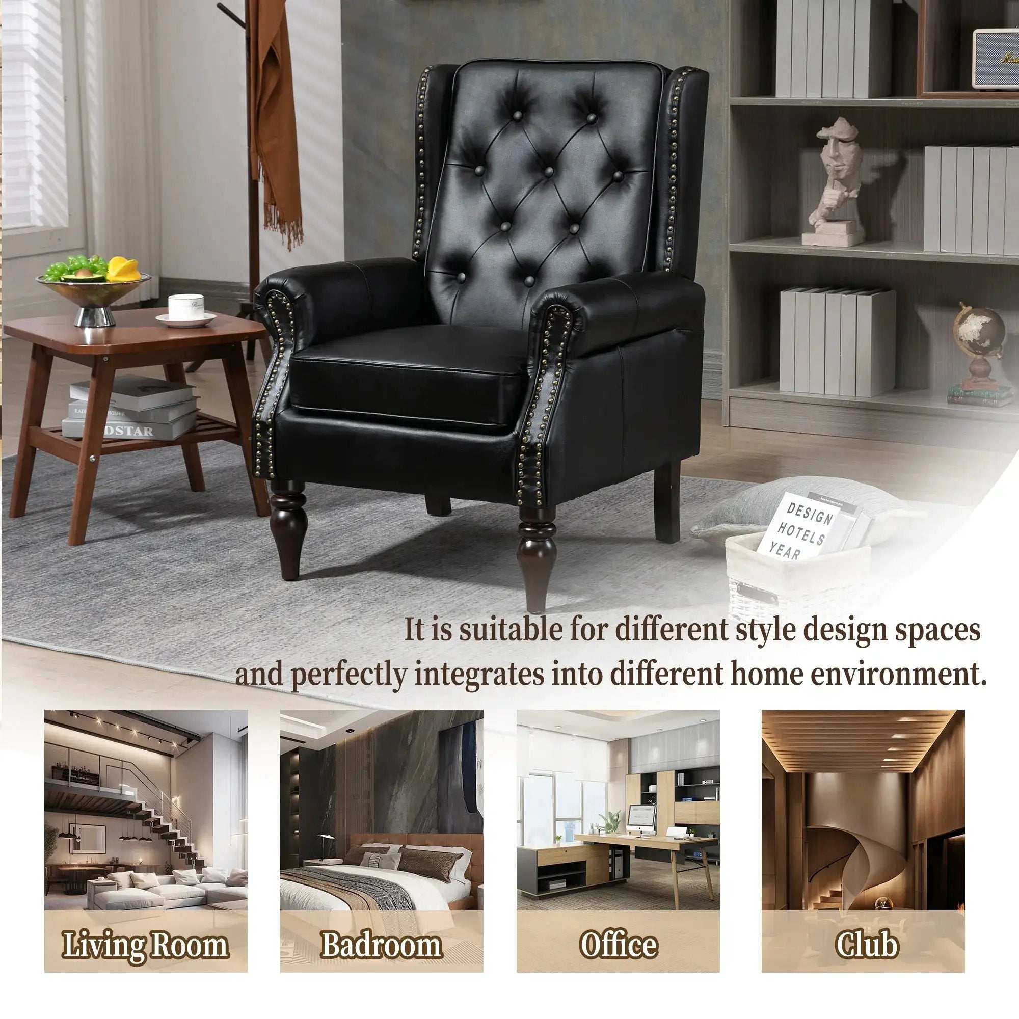 Black PU modern accent armchair with sturdy wood legs, stylish design, and comfortable seating from Platinum-Level Office Chairs.