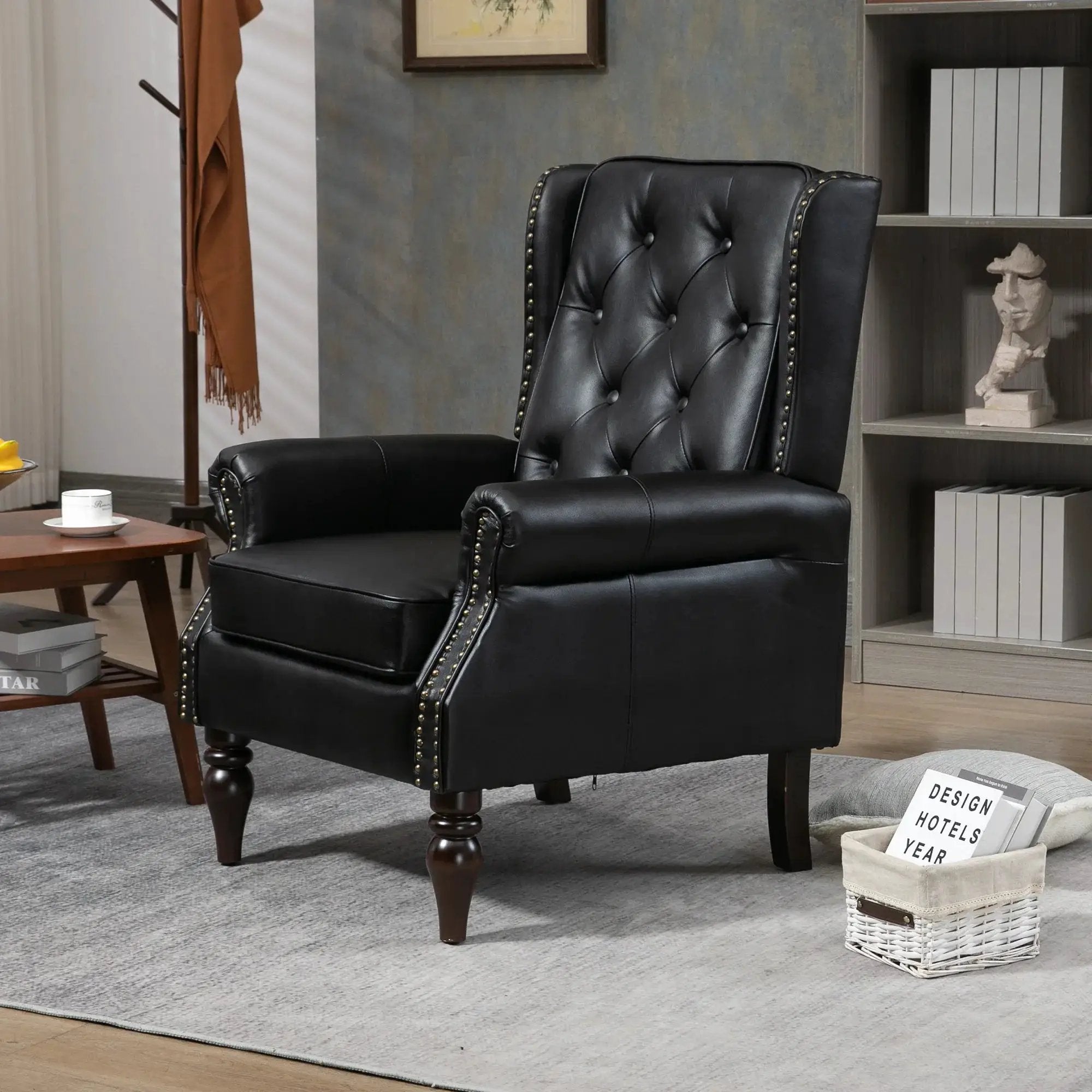 Black PU modern accent armchair with sturdy wood legs, stylish and comfortable for living room or office decor.