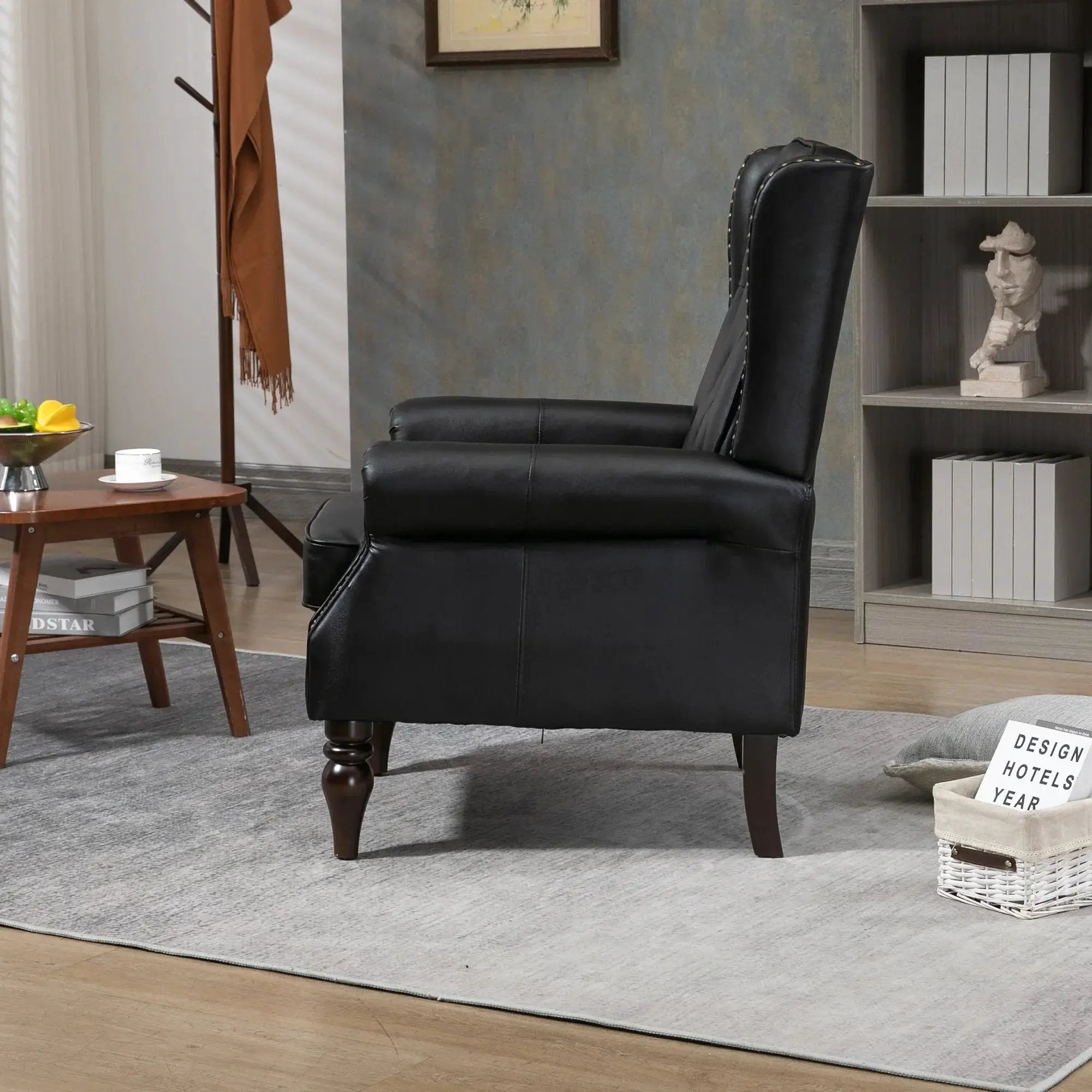 Black PU modern accent armchair with sturdy wood legs, stylish design, from Platinum-Level Office Chairs.