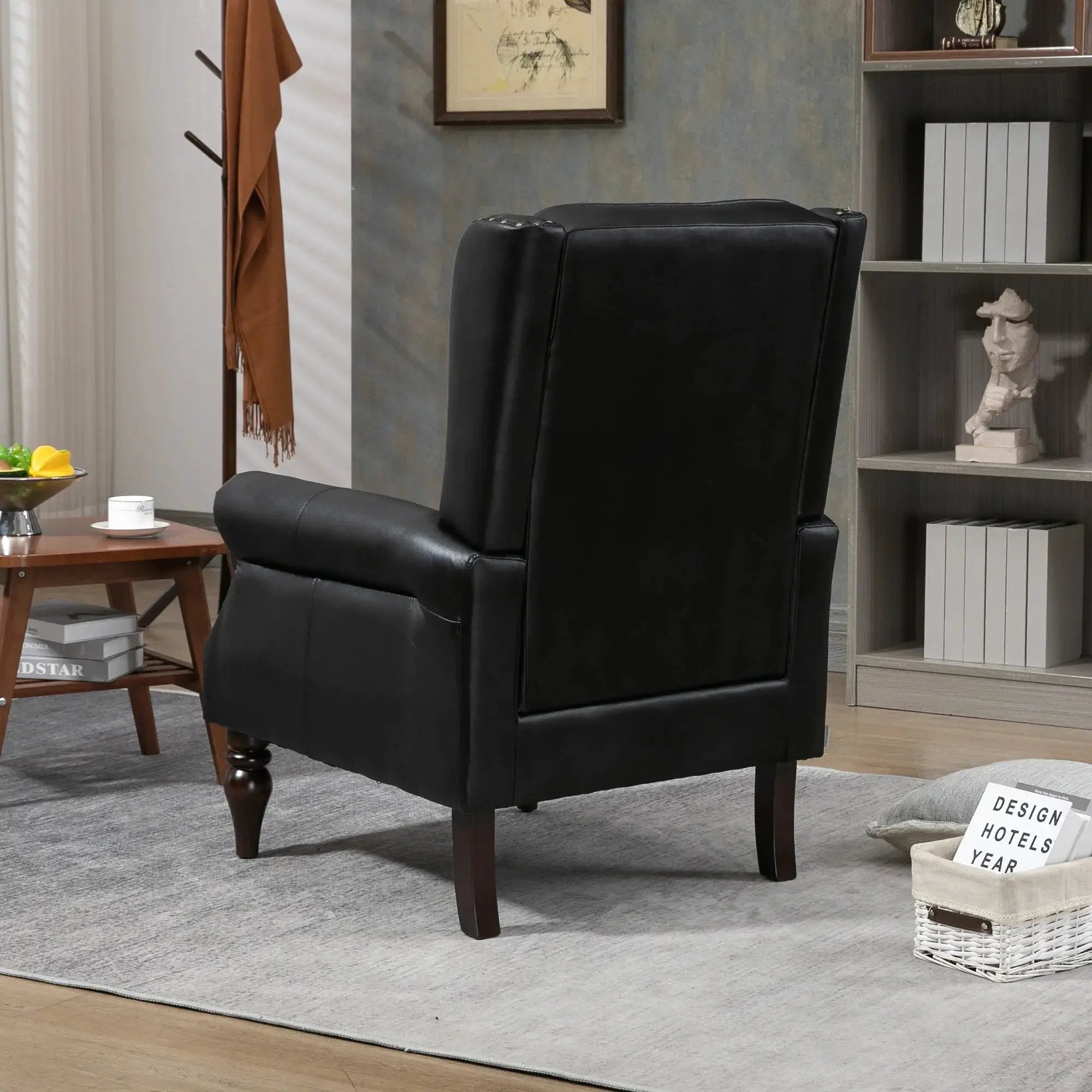 Black PU modern accent armchair with sturdy wood legs, stylish and comfortable, by Platinum-Level Office Chairs.