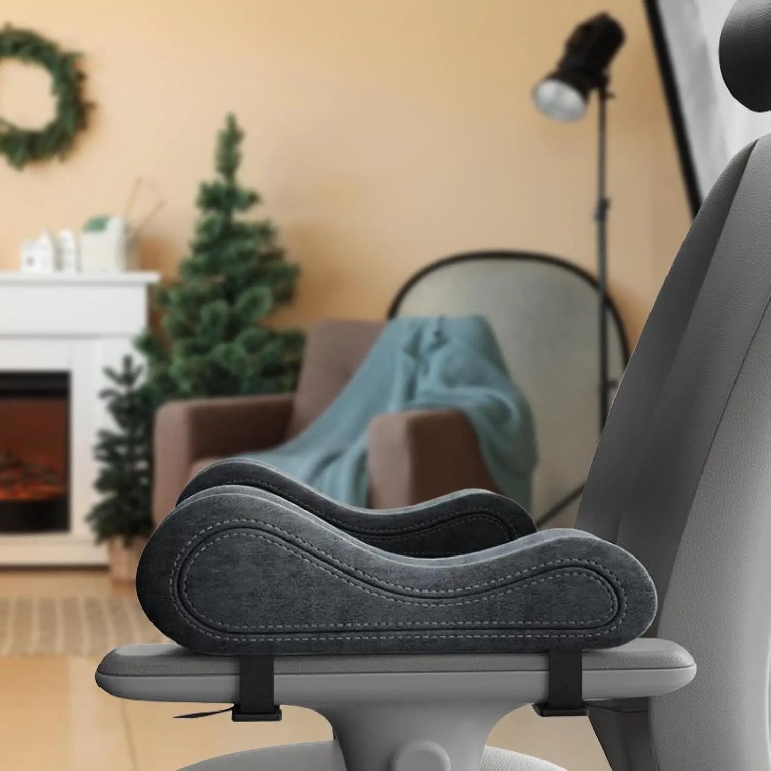 Gray memory foam armrest pads for office chair from Platinum-Level Office Chairs, providing ergonomic comfort and forearm support.