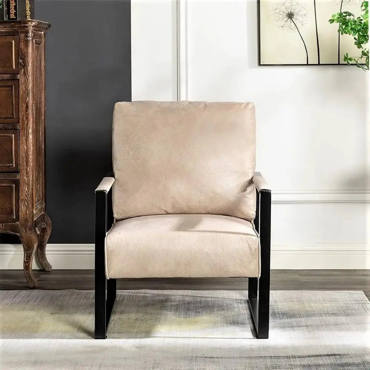 Stylish mid-century modern accent chair with durable metal frame and spotted fabric design by Platinum-Level Office Chairs.