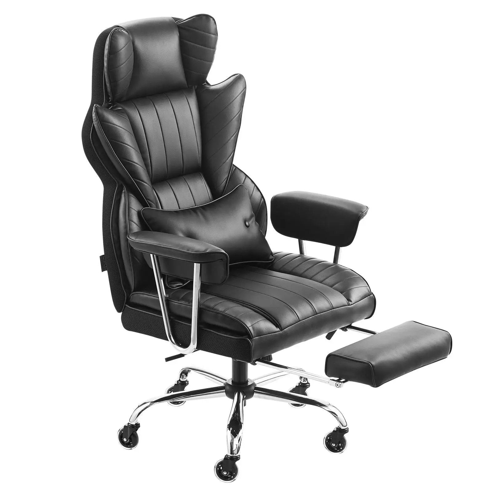 Black heavy-duty reclining office chair by Platinum-Level Office Chairs with footrest, lumbar support, designed for big and tall users.