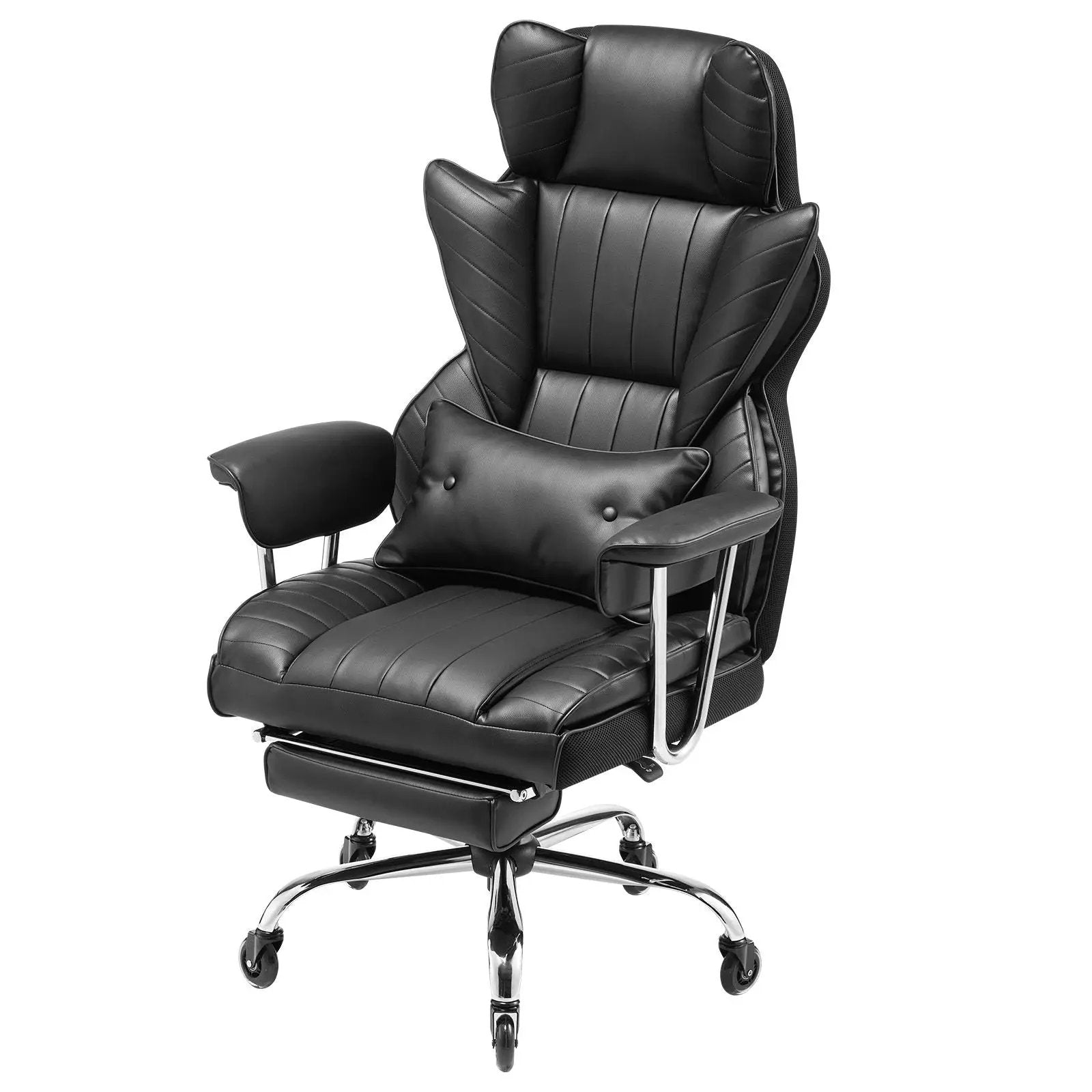 Black heavy-duty reclining office chair by Platinum-Level Office Chairs, supports 400lb with footrest and lumbar support.
