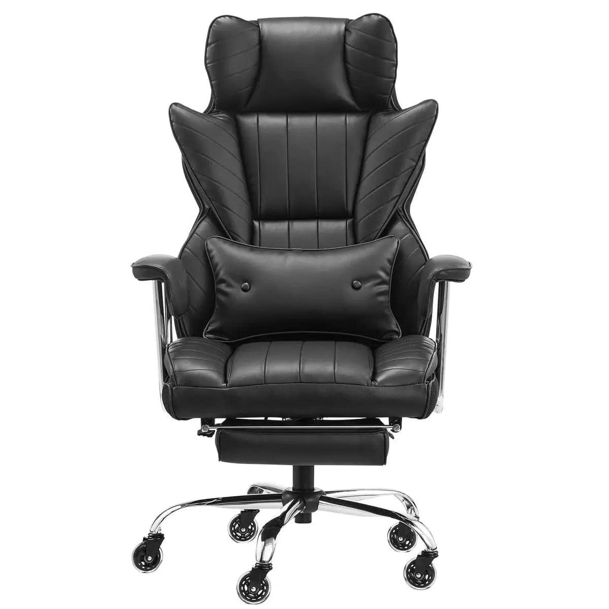 Black heavy-duty big & tall reclining office chair by Platinum-Level Office Chairs with footrest and lumbar support.