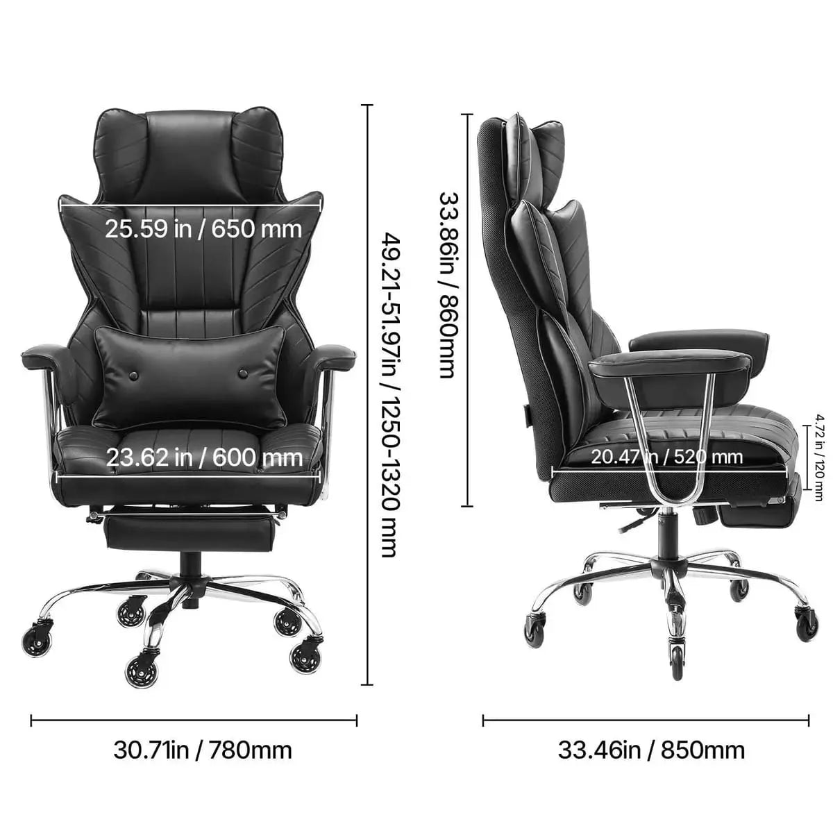 Black heavy-duty recliner office chair by Platinum-Level Office Chairs with footrest, lumbar support, designed for big and tall users.
